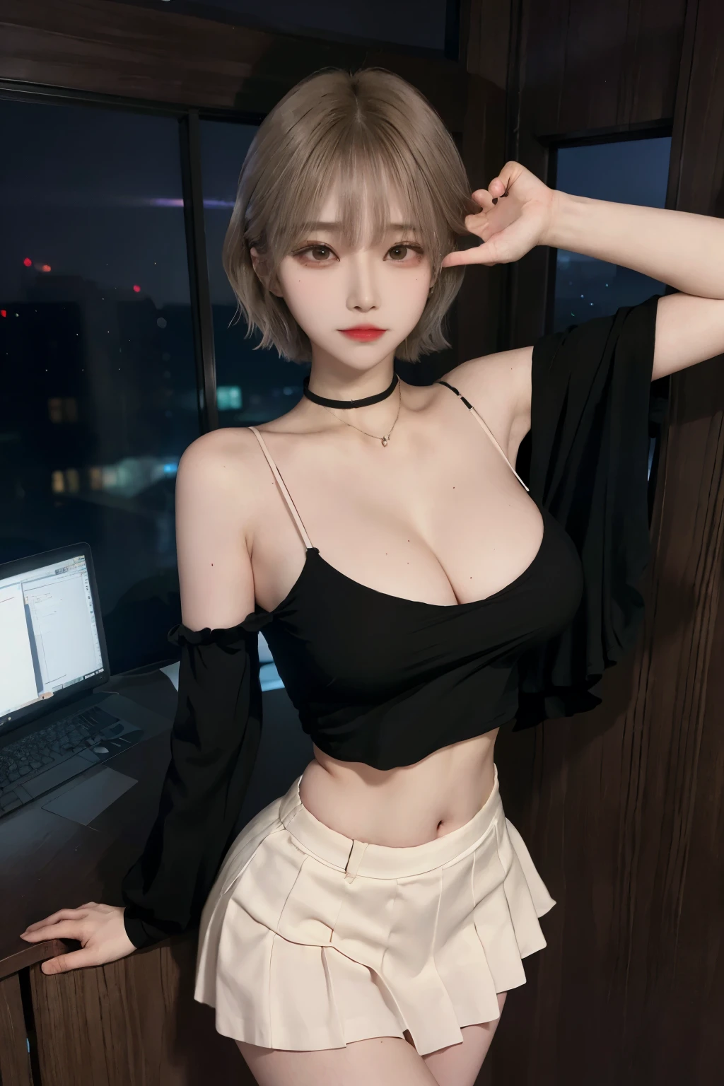 8K RAW photos, high resolution, 22-year-old cool Korean, big round breasts, cleavage, beautiful abs, secretary-like outfit, tight shirt, formal skirt, pin heels, beautiful eyes in every detail, long eyelashes, beautiful double eyelids, eyeshadow, slender eyes, elongated eye shape, Sanpaku eyes, dark eye makeup, evil smile, beautiful thin legs, short hair pixie cut, Very light brown hair, earrings, night, dark atmosphere, president's office at night, standing in front of a big desk