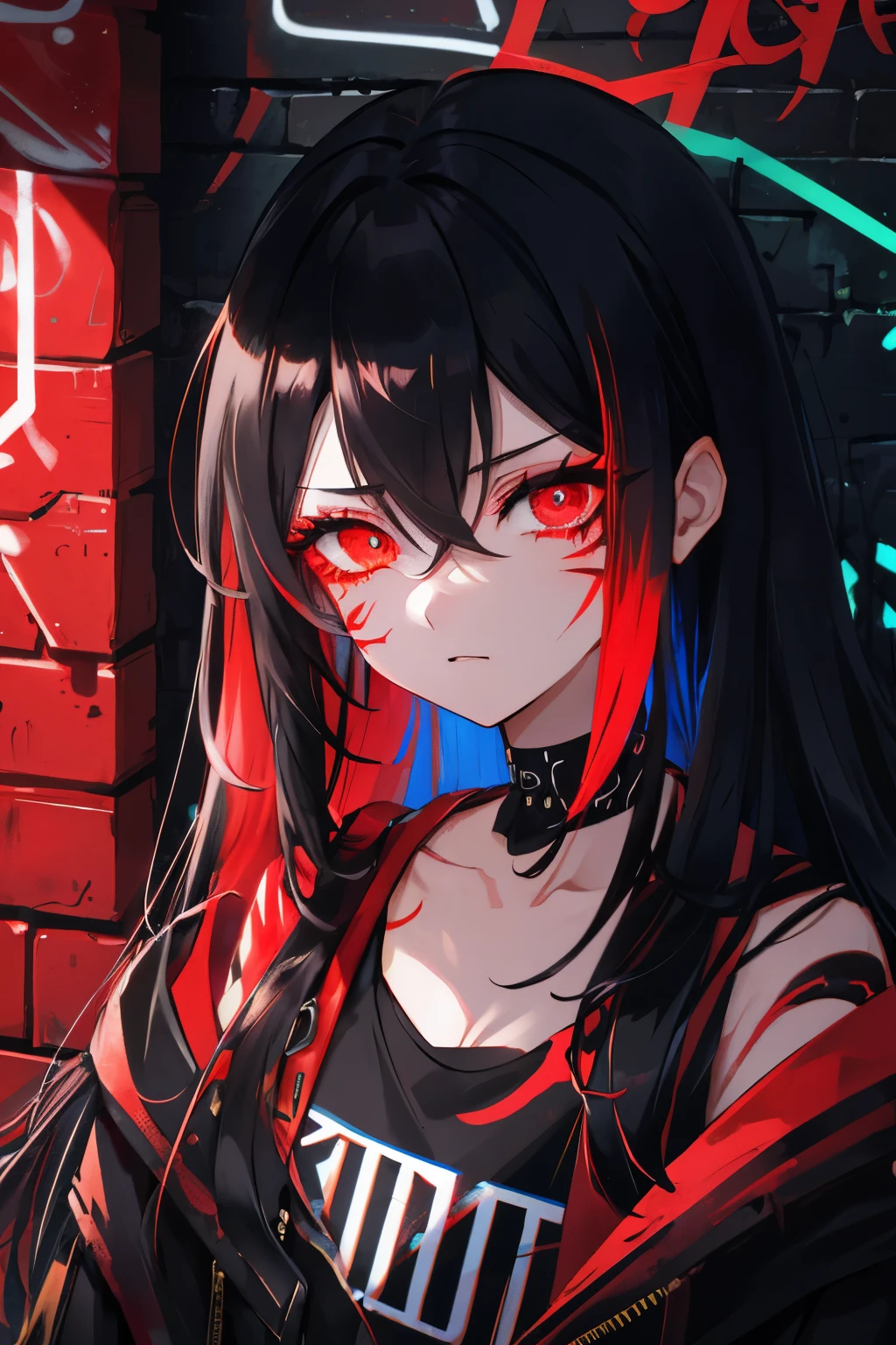 best quality, intricate details, chromatic aberration, 

1girl, long hair, black hair, messy hair, red highlights, hair over one eye, red eyes, sharp eyes, 

choker, neon shirt, torn legwear, open jacket, 

against wall, brick wall, graffiti, glowing grafiti, glowing tattoos, glow, neon lights, 


blacklight,