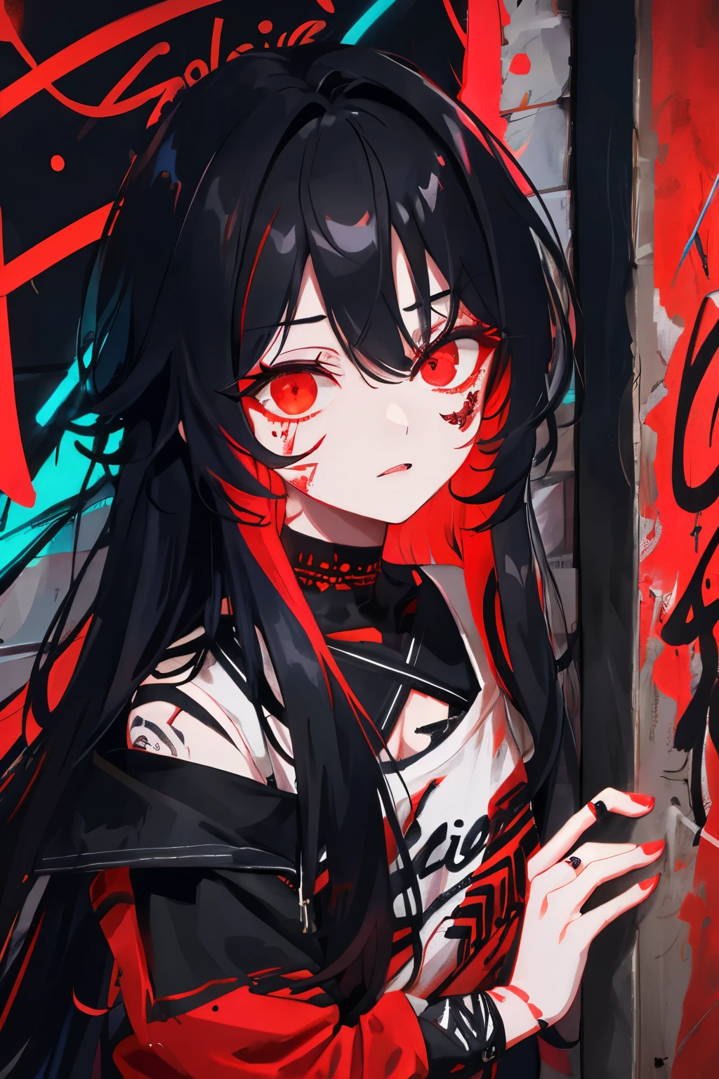 best quality, intricate details, chromatic aberration,
1girl, long hair, black hair, messy hair, red highlights, hair over one eye, red eyes, sharp eyes,
choker, neon shirt, torn legwear, open jacket,
against wall, brick wall, graffiti, glowing grafiti, glowing tattoos, glow, neon lights,
blacklight,