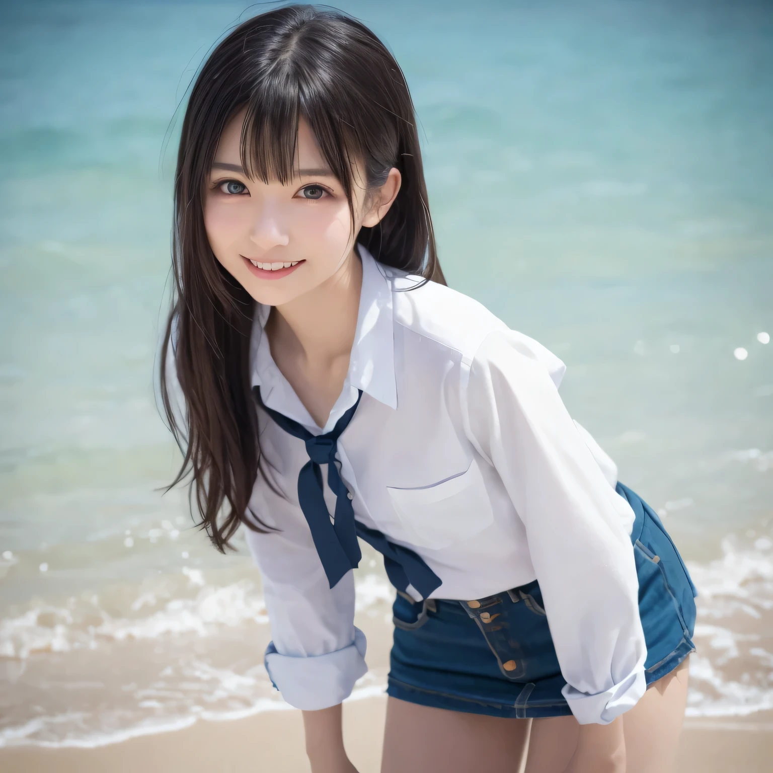 on the table, best quality, illustration, Super detailed, fine details, high resolution, 8k wallpaper, Perfect dynamic composition, Beautiful and delicate eyes,whole body摄影,show your whole body、collared shirt、mini skirt,thin and transparent、long gray hair, Bold sexy pose,Smile,Harajuku、20 year old girl、Eyeliner、beautiful bangs、hair between eyes、((masterpiece、top quality、Super detailed、movie light、intricate details、high resolution、Very detailed))、background for this、8 kood、digital SLR、soft light、high quality、film grain、富士XT3 、shallow view deep、natural soft light、Kamimei、See the knees, side view, standing at the beach,Look at the sexy shots of the lens、Above the legs、whole body、