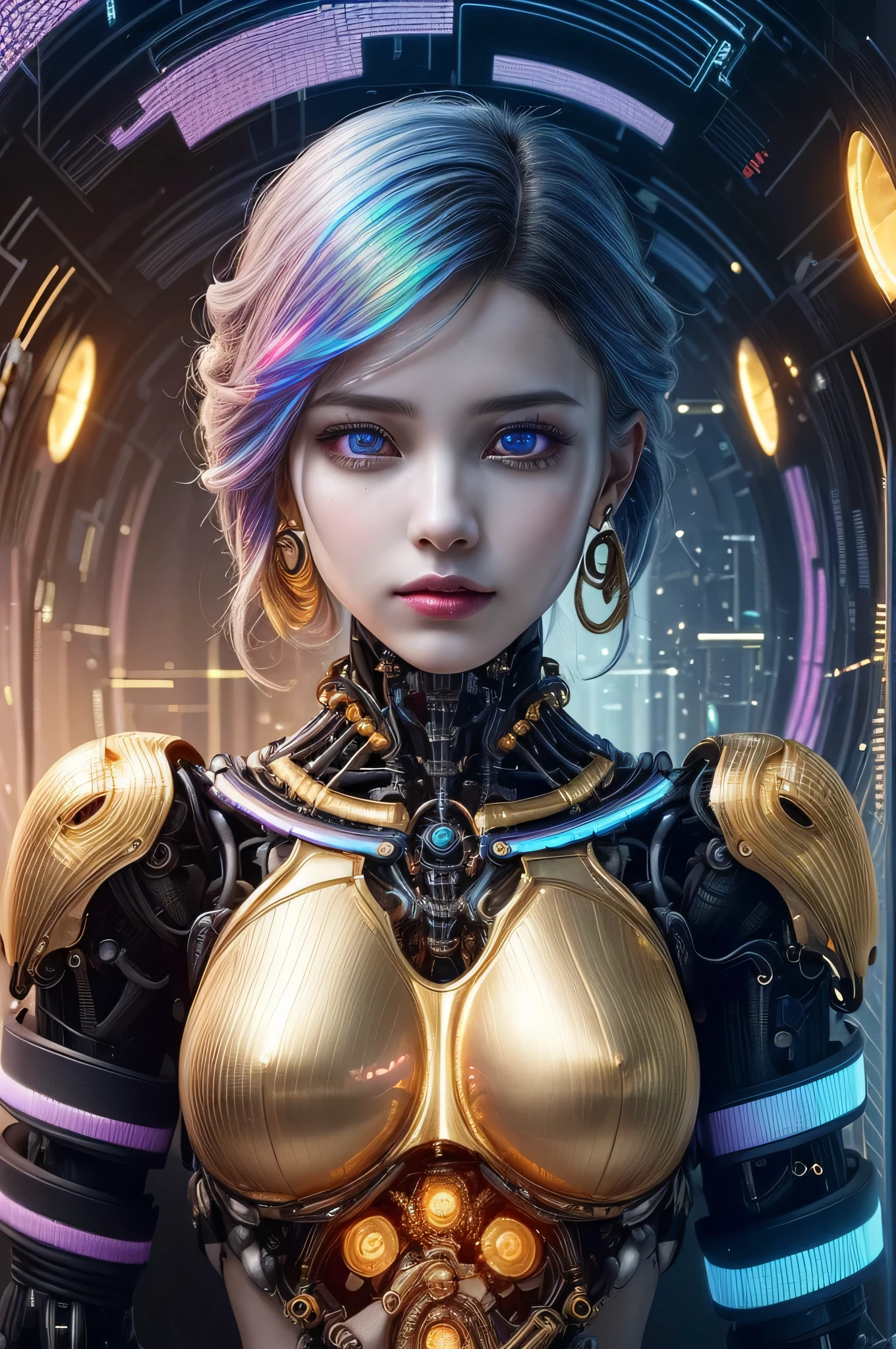 (1girl), (human face:1.2), Highly Detailed Beautiful girl, (extremely detailed beautiful face), Amazing face and eyes, (Highest Quality: 1.4), (Super Detailed), (Very Delicate and Beautiful), golden body, Biomechanical Cyborg, Beautiful Natural Shapes, Arteries, Veins , lace, colorful details, diamond earrings, very delicate embroidery, intricate details, skeleton, ultra-transparent skin, surreal, Super detailed, cyborg girl, realistic, (detailed golden, hollow body interior, made of golden metal, half human, translucent human body, Skin made of layers of extremely complex metal fibers, The inside of the body is an incredibly complex structure made up of countless IC chips: 1.6), iridescent, futuristic, super complex, super beautiful, highly detailed CG unified 8K wallpaper, high resolution raw color photo, professional photo, flesh and blood, (cyber punk, Spiral structure, future urban cyberspace, iridescent illumination, dazzling light:1.5), 