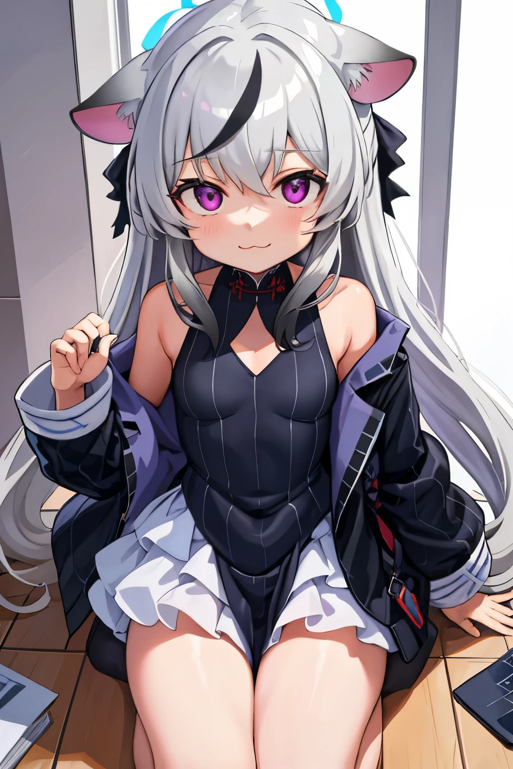 tmasterpiece， best qualtiy， ultra - detailed， 1girll，Gray hair Kokona， inside in room， Purple eye， ：3，the face  closeup cleavage,  Winter suit, winter wonder