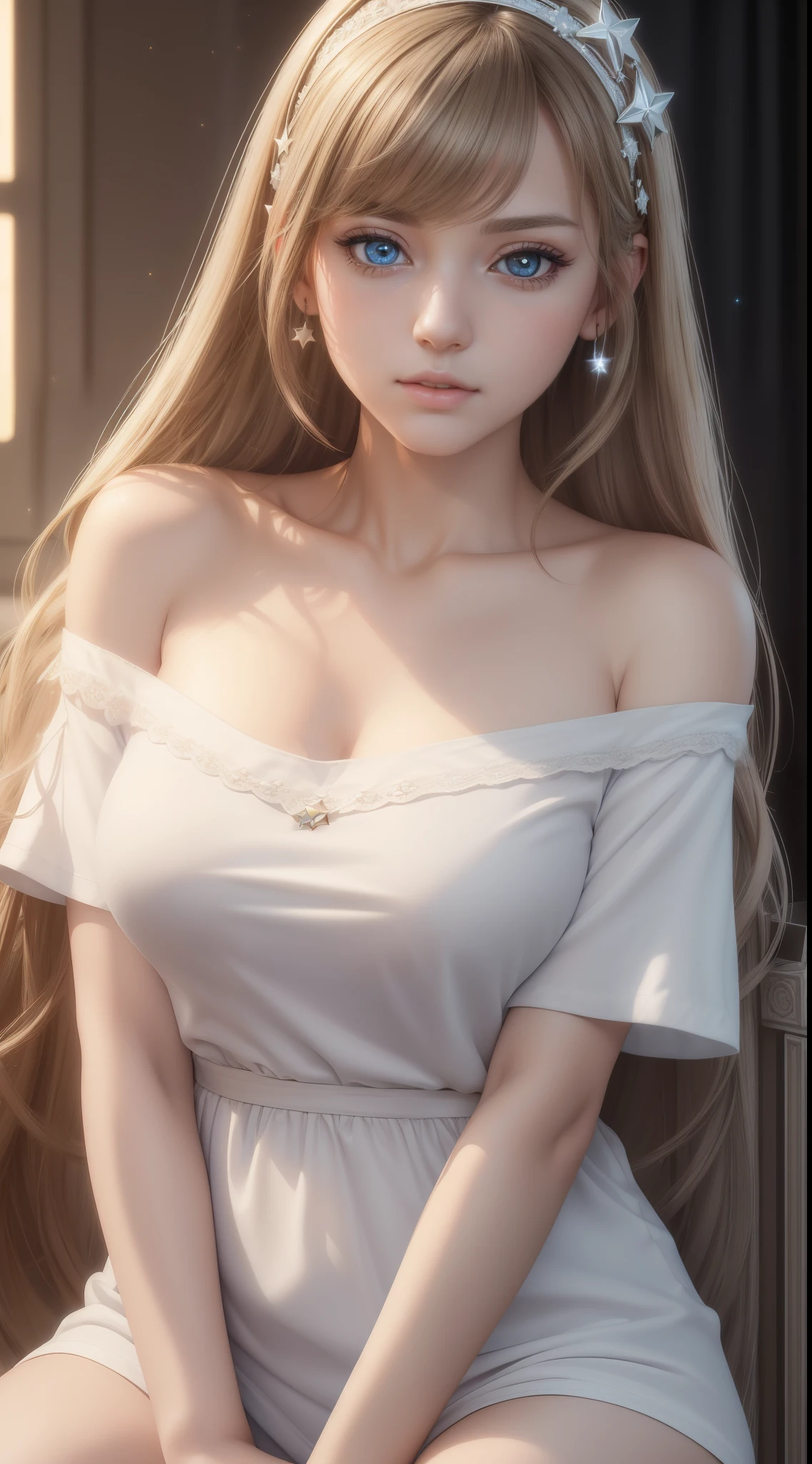 (photorealistic:1.4), (masterpiece, side dim light, finely detailed beautiful eyes: 1.2), masterpiece*portrait, realistic, 3d face, Stelle \(honkai star rail\), 1girl, white oversize T-shirt, bare shoulder, universe, rail, bangs, blush, shy, lustful eyes, medium long hair, looking at viewer, gasp, medium breasts