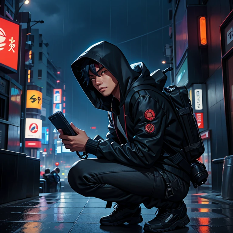 Filipino male hooded cyberpunk hacker, wearing hi-tech headgear and hi-tech backpack, crouching on high rooftop overlooking the streets of Tokyo, in heavy rain and lightning, at night 