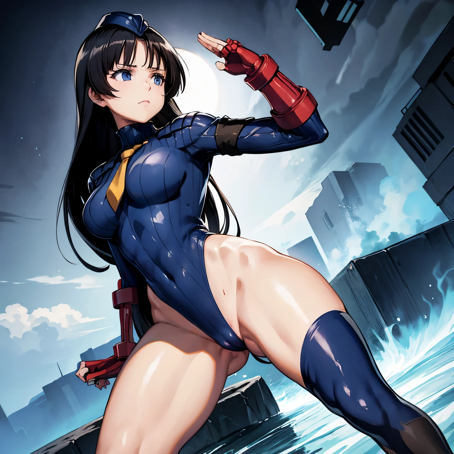 ultra-detailed, Explicit, Beautiful body, Beautiful Nose, Beautiful character design, perfect eyes, perfect face, ultra highres, 4K, beautiful legs, perfect legs, perfect anatomy, Nice hands, Perfect hand, Masterpiece, Best Quality, Highly detailed, illustration, absurdres, street fighter, doll suit, shadaloo doll, dollsuit, expressionless, blank eyes, looking at viewer, red gloves, emotionless, black latex, corrution, mind control, female combatant, full body, hypnotized, unhappy trance, full body suit, ribbed bodysuit, both arms at side, obey, perfect female body, extremely glossy latex, hypnosis, hypnoLora, empty eyes, Mind control device, poses, submissive_pose, Slave, hat, necktie, stand up straight, standing, standing at attention, hat, necktie, belt, latex, ribbed bodysuit, thighhighs, garter belt, Fighting Stance, military, thigh boots, 1girl, solo, saluting, military, military saluting, saluting, extending the right arm from the shoulder into the air with a straightened hand, Tsuzaki Aoba, Jinki: Extend, blue eyes, black hair, long hair