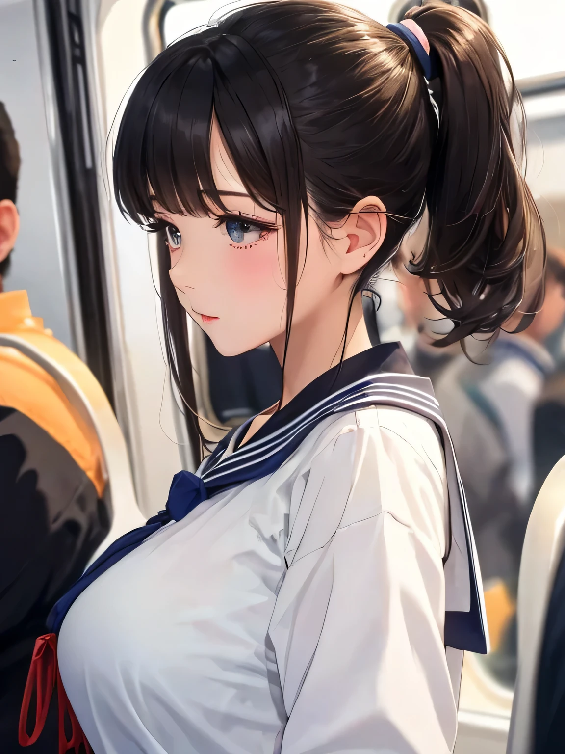 highest quality,High resolution, 8K, cute teen girl,Cute Ponytail,perfect skin,big breasts,sailor suit、A super close-up shot of the sexy nape from right behind、Close-up of the nape from directly behind、in a crowded train