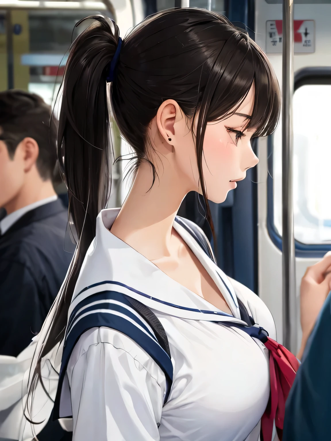 highest quality,High resolution, 8K, cute  girl,Cute Ponytail,perfect skin,big breasts,sailor suit、A super close-up shot of the sexy nape from right behind、Close-up of the nape from directly behind、in a crowded train