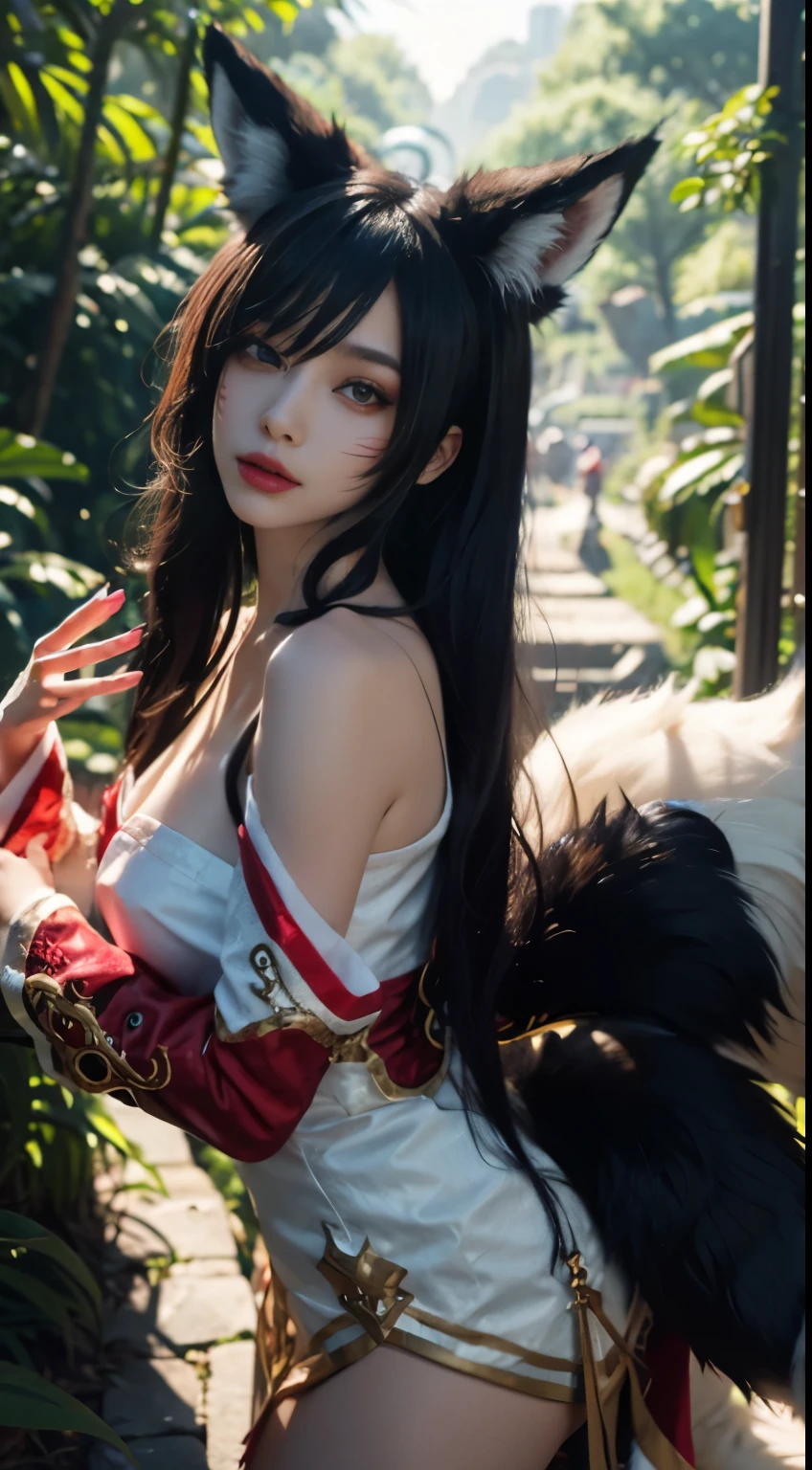  1 Girl, Fox, Fox \ (League of Legends), K/DA \ (League of Legends), Animal Ears, Face Markers, Fox Ears, Fox Tail, Orange Eyes, Multiple Tails, full body, nature backgound, red and white dress, beautiful hands, beautiful fingers, shot from front, looking at viewer