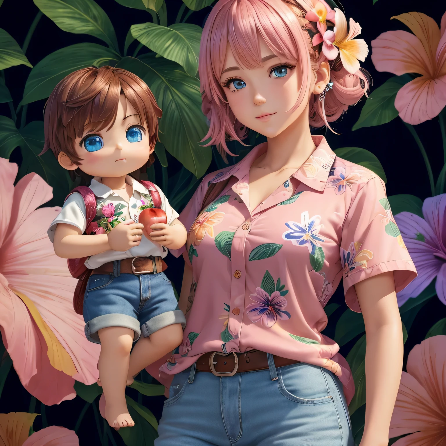 Masterpiece, best quality, (very detailed CG unity 8k wallpaper) (best quality), (best illustration), (best shadows), single female, 30 years old, full body, long light pink hair, anime, large breasts, short sleeve button up hawaiian shirt with flowers, jean shorts, trippy background, lots of neon colours, edgy, piercings, holding a doll of a boy with blue eyes brown hair and soul patch that is wearing a hawaiian shirt who is holding an apple