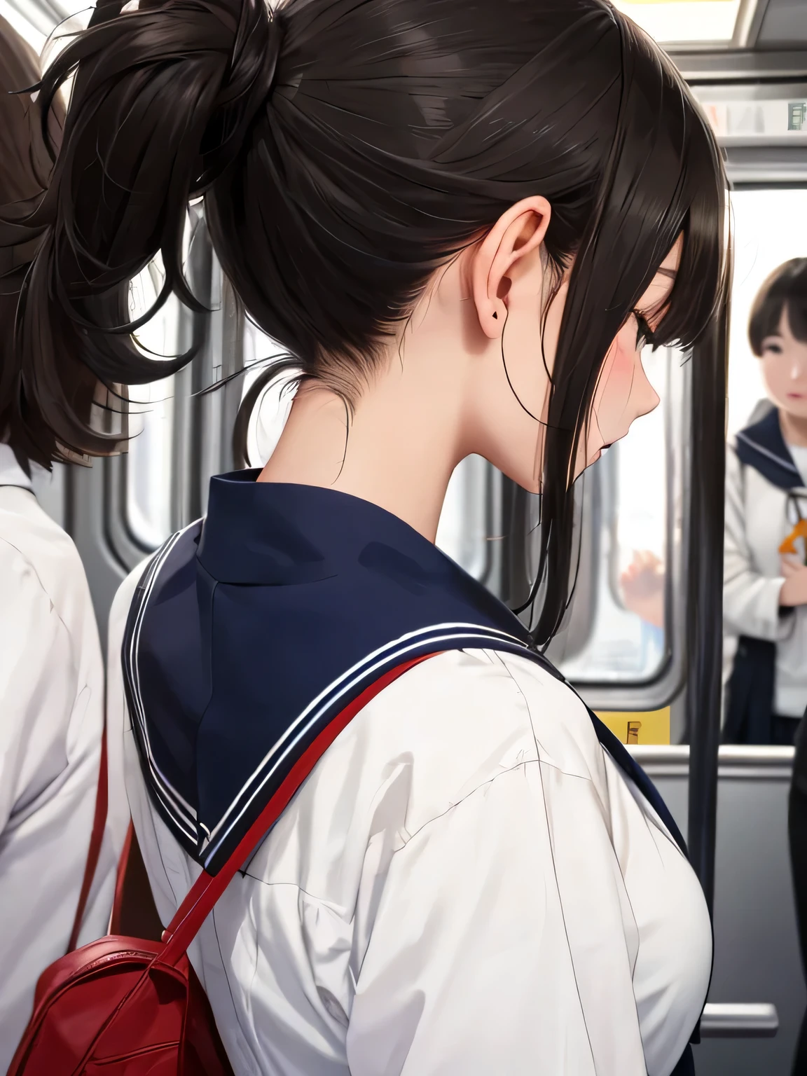 highest quality,High resolution, 8K, cute  girl,Cute Ponytail,perfect skin,big breasts,sailor suit、A super close-up shot of the sexy nape from right behind、Close-up of the nape from directly behind、in a crowded train