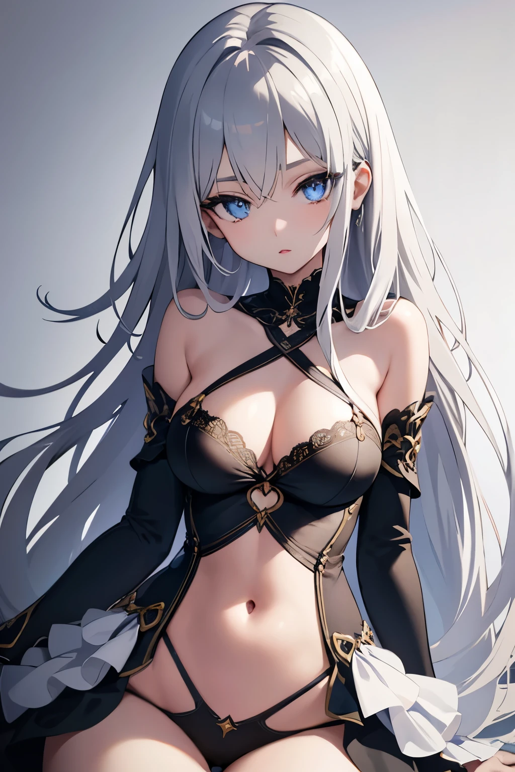 1girl, anime, cute girl, blank background, white background, fantasy, detailed dark fantasy dress with highlights, beautiful face, beautiful eyes, dark colors, silver hair, slightly small breasts, slight cleavage, beautiful skin, cute, breast curtains, extremely delicate and beautiful, (beautiful detailed face:1.0), (detailed deep eyes), symmetrical breasts, deep eyes, shiny skin, portrait, slender waist, hips wider than shoulders, thighs, young girl, expressionless, luminous eyes
