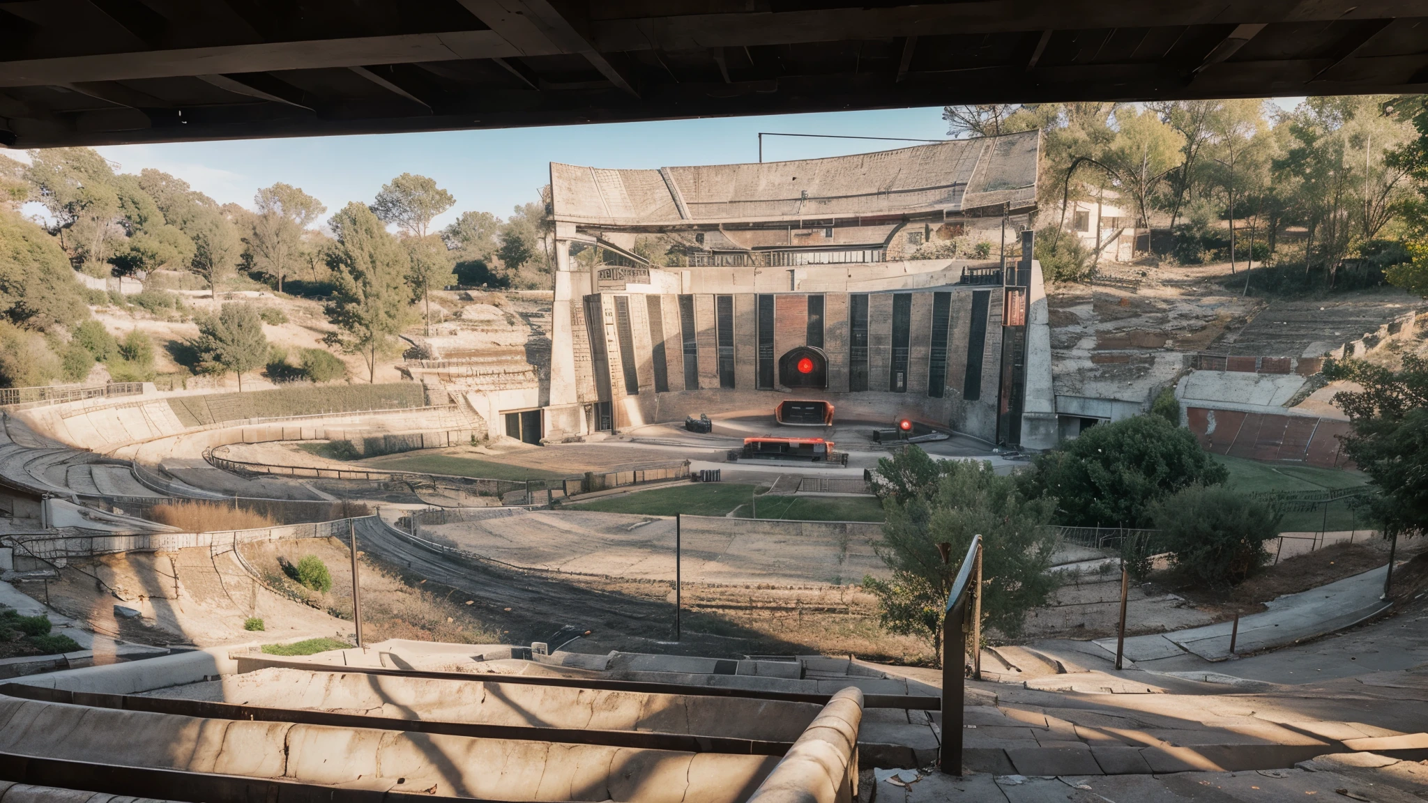 A horror anbandoned amphitheater, with red light in it, some dark theme, some ghost 