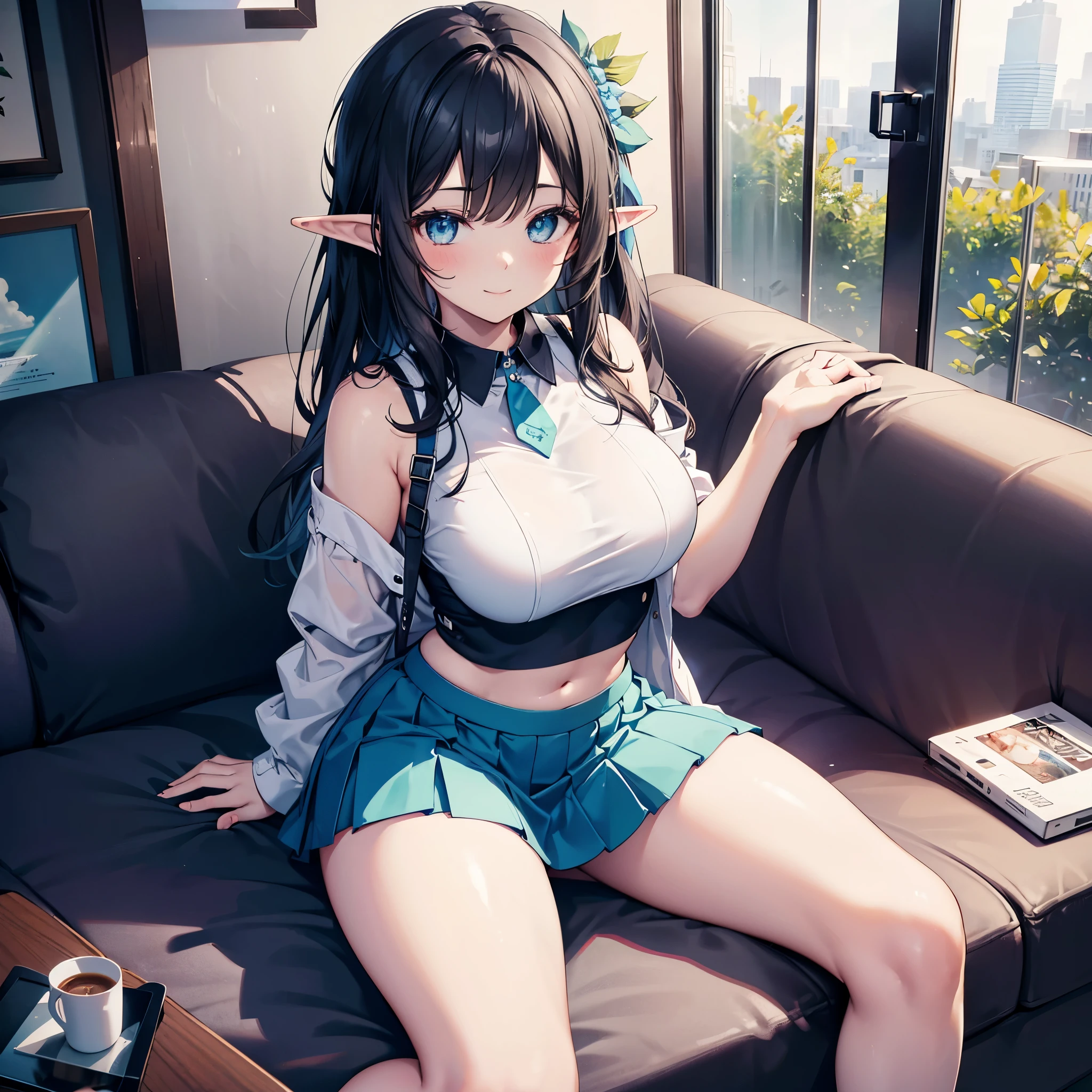 Detail image, realistic image, 1 elf. . She has turquoise eyes with and black hair, has a delicate oval face, medium breasts and a curvy body, thick thighs. She is wearing a crop top, tight pleated mini skirt, moccasins slippers. smiling, sitting. Ambient light. Volumetric Light