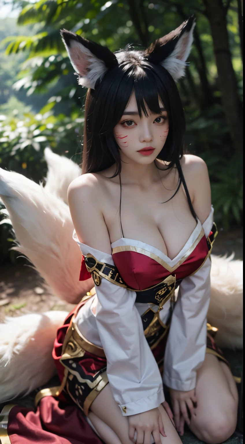 1 Girl, Fox, Fox \ (League of Legends), K/DA \ (League of Legends), Animal Ears, Face Markers, Fox Ears, Fox Tail, Orange Eyes, Multiple Tails, full body, nature backgound, red and white dress, shot from front, looking at viewer