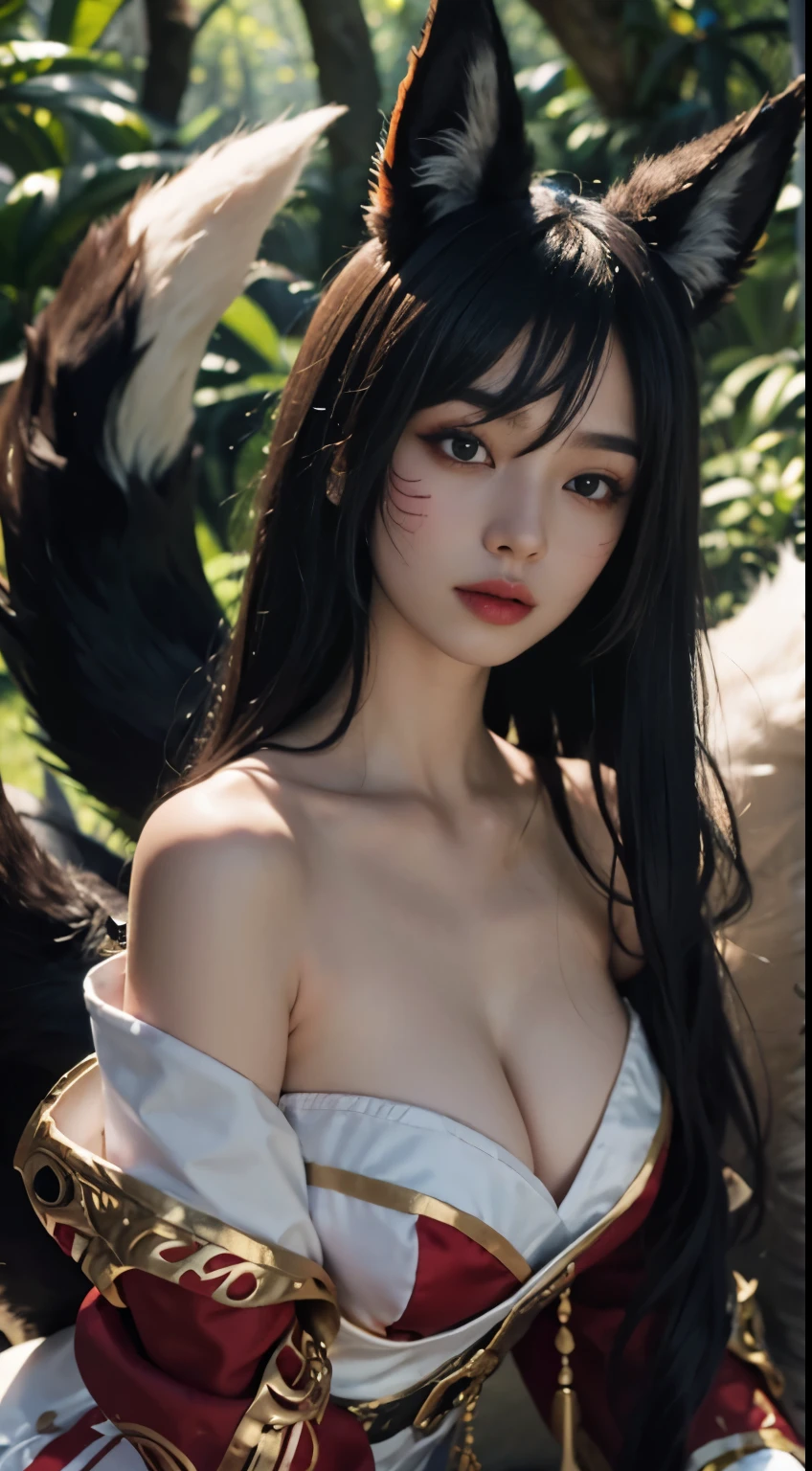 1 Girl, Fox, Fox \ (League of Legends), K/DA \ (League of Legends), Animal Ears, Face Markers, Fox Ears, Fox Tail, Orange Eyes, Multiple Tails, full body, nature backgound, red and white dress, shot from front, looking at viewer