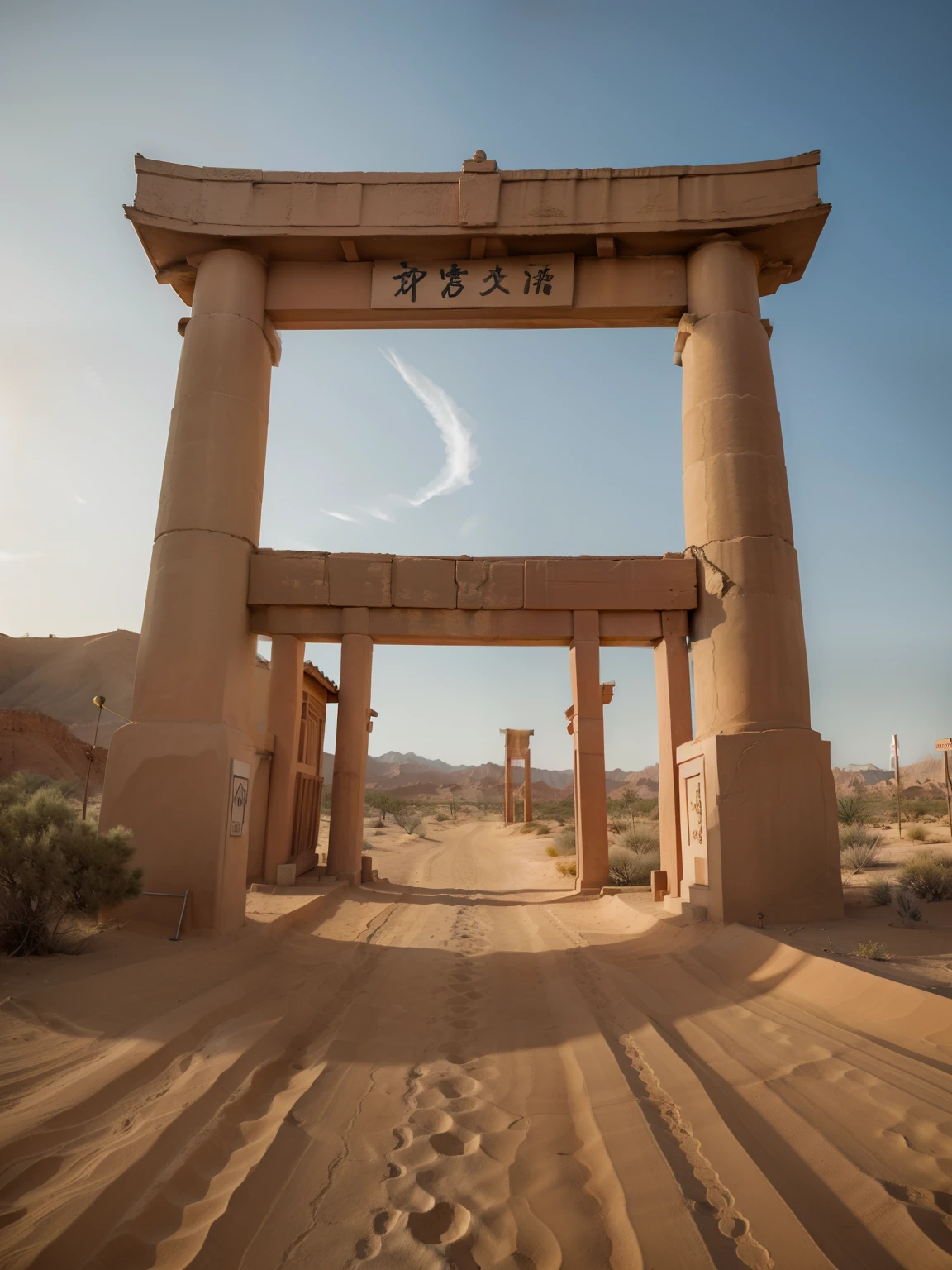 Close-up of Red Torii Gate in the desert，Taliban flag blowing threw the wind，Spectacular，Background with，on the desert，eventide，jaoanese villiege，Fantastical，4K，best qualtiy，primitive，（(Ultra-detailed and high-precision details))，Photo texture，真实感，Delicate and smooth，Light. Picture.