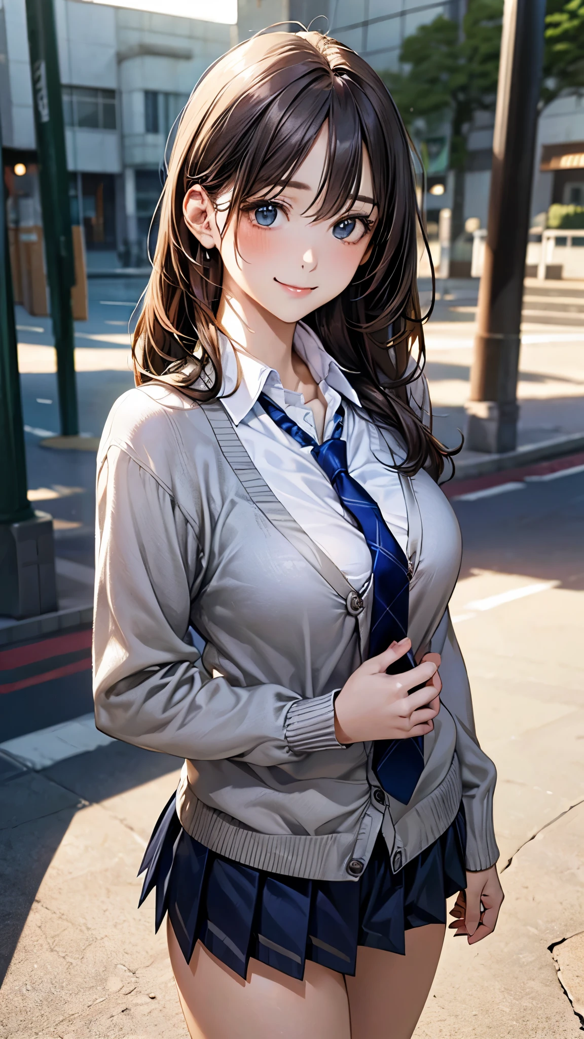 (masterpiece:1.2, top-quality), (realistic, photorealistic:1.4), beautiful illustration, (natural side lighting, movie lighting),
looking at viewer, cowboy shot, front view:0.6, 1 girl, japanese, high school girl, perfect face, cute and symmetrical face, shiny skin,
(long hair:1.4, half updo:1.7, dark brown hair), hair between eye, emerald green eyes, long eye lasher, (large breasts:0.9, thick thighs),
beautiful hair, beautiful face, beautiful detailed eyes, beautiful clavicle, beautiful body, beautiful chest, beautiful thigh, beautiful legs, beautiful fingers,
((long sleeve white collared shirts, navy pleated miniskirt, navy tie, light grey cardigan)), pink panties,
(beautiful scenery), evening, riverside, walking, hands on chest, (lovely smile, upper eyes),
