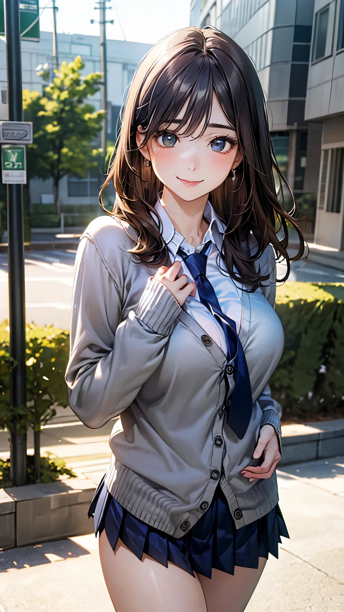 (masterpiece:1.2, top-quality), (realistic, photorealistic:1.4), beautiful illustration, (natural side lighting, movie lighting), 
looking at viewer, cowboy shot, front view:0.6, 1 girl, japanese, high school girl, perfect face, cute and symmetrical face, shiny skin, 
(long hair:1.4, half updo:1.7, dark brown hair), hair between eye, emerald green eyes, long eye lasher, (large breasts:0.9, thick thighs), 
beautiful hair, beautiful face, beautiful detailed eyes, beautiful clavicle, beautiful body, beautiful chest, beautiful thigh, beautiful legs, beautiful fingers, 
((long sleeve white collared shirts, navy pleated miniskirt, navy tie, light grey cardigan)), pink panties, 
(beautiful scenery), evening, riverside, walking, hands on chest, (lovely smile, upper eyes), 