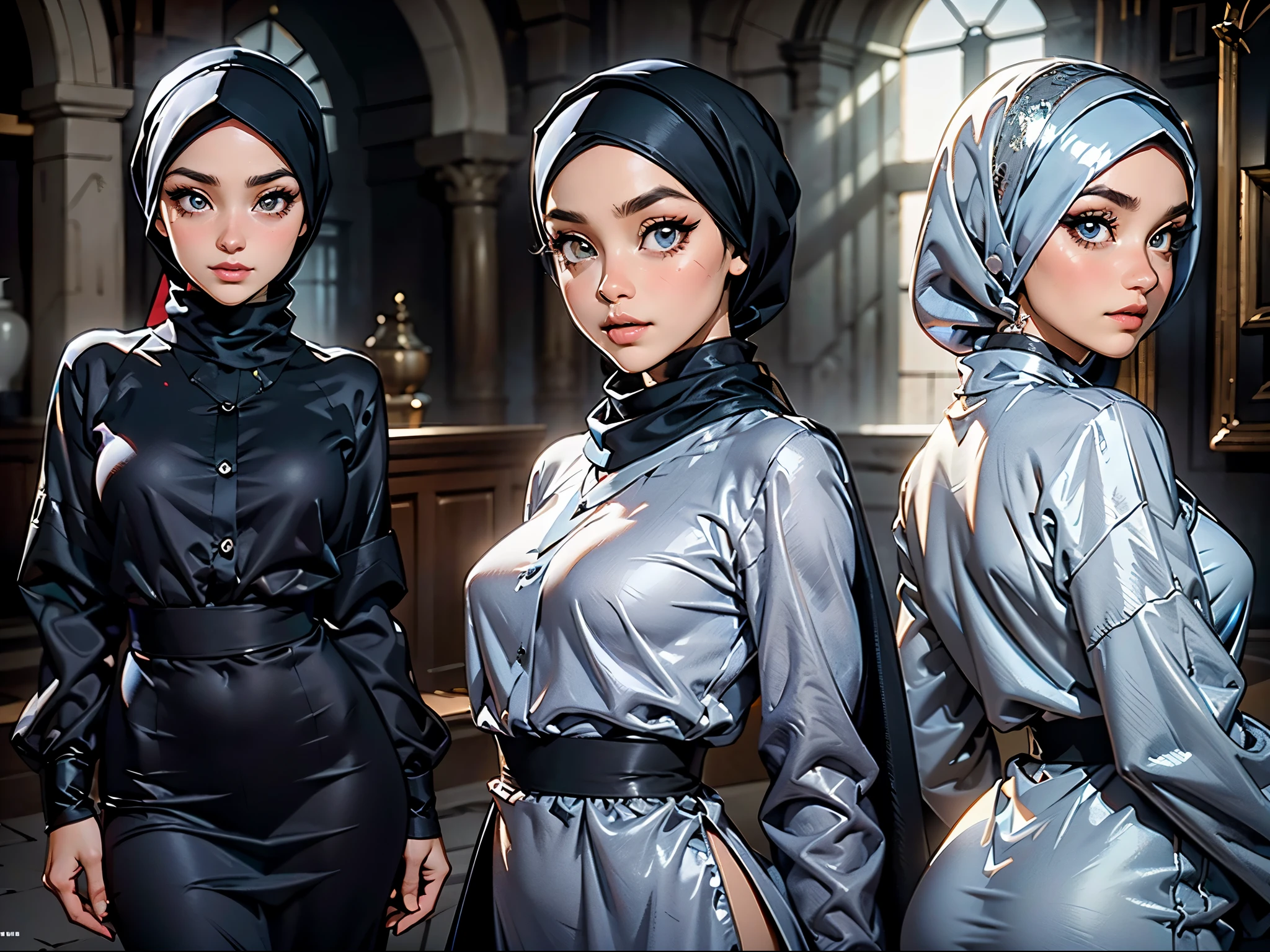 3D Character Design, pixar, real cartoon, 8k, highly detailed, full length frame, High detail RAW color art, diffused soft lighting, shallow depth of field, sharp focus, hyperrealism, cinematic lighting, ((close up)) hijab, a woman, beautifully makeup, brown beautiful big eyes, long eye lashes, wearing proper (Dark blue satin hijab), loosely tide hijab style, ((gray satin kaftan dress))