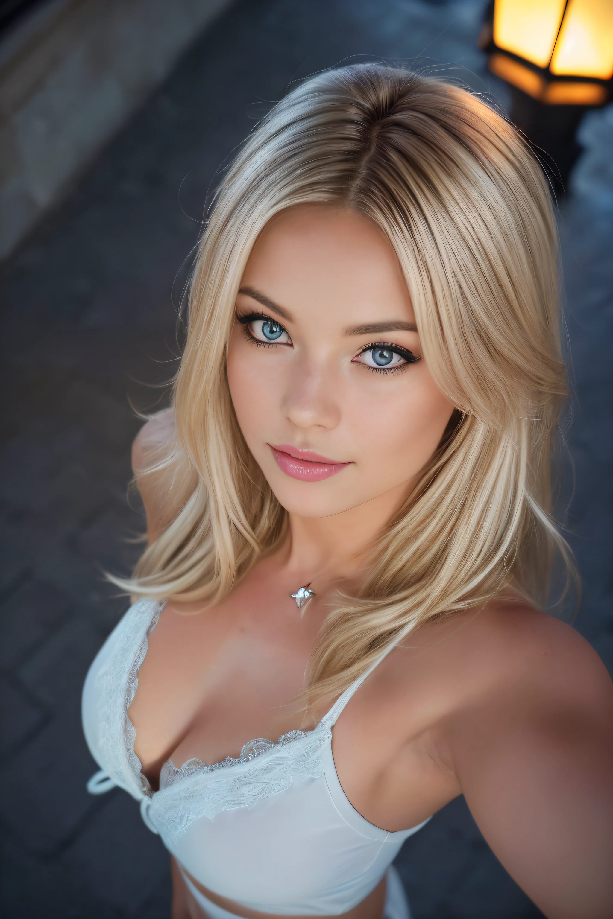 (taking selfies, overhead view: 1.4), (straight half of the torso: 1.4), Portrait photo of a 24-year-old blonde in RAW UHD format (Blue-eyed woman) Walk down the dark alley, large breasts,, night city, (upskirt), (cutout), Details (textures! , Hair! , glistering, Color!! , imperfections: 1.1), highly detailed glossy eyes (looking at the camera), DSLR Lighting, SLR camera, Ultra-Quality, sharpness, Depth of field, Film grain (Downtown), Fujifilm XT3, Crystal clear, Frame Center, beatiful face, sharp-focus, street lamp, neon lighting, bokeh (dimly lit), night time, (night sky), Complex eye details, full - body, large breasts