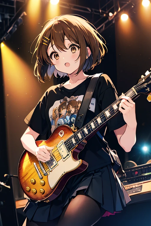 Yuihirasawa, Yui Hirasawa, (brown eyes:1.5), brown hair, hair ornaments, Barrette, medium hair, (flat chest:1.2), black t-shirt,pleated skirt,Black Pantyhose King,low person,エレキguitarを,Gymnasium stage(table top:1.2),(masterpiece:1.2), highest quality, High resolution, unity 8k wallpaper, (figure:0.8), (beautiful and fine eyes:1.6), highly detailed face, perfect lighting, Very detailed CG, (perfect hands, perfect anatomy),Rock Band Concert, Musical instrument performance, Stage Performance, hot air,happy atmosphere、スタンドマイクの前でguitarをを弾きながら熱唱、guitar(Gibson Les Paul)、sweat on forehead、汗ばんだblack t-shirt、open your mouth and sing