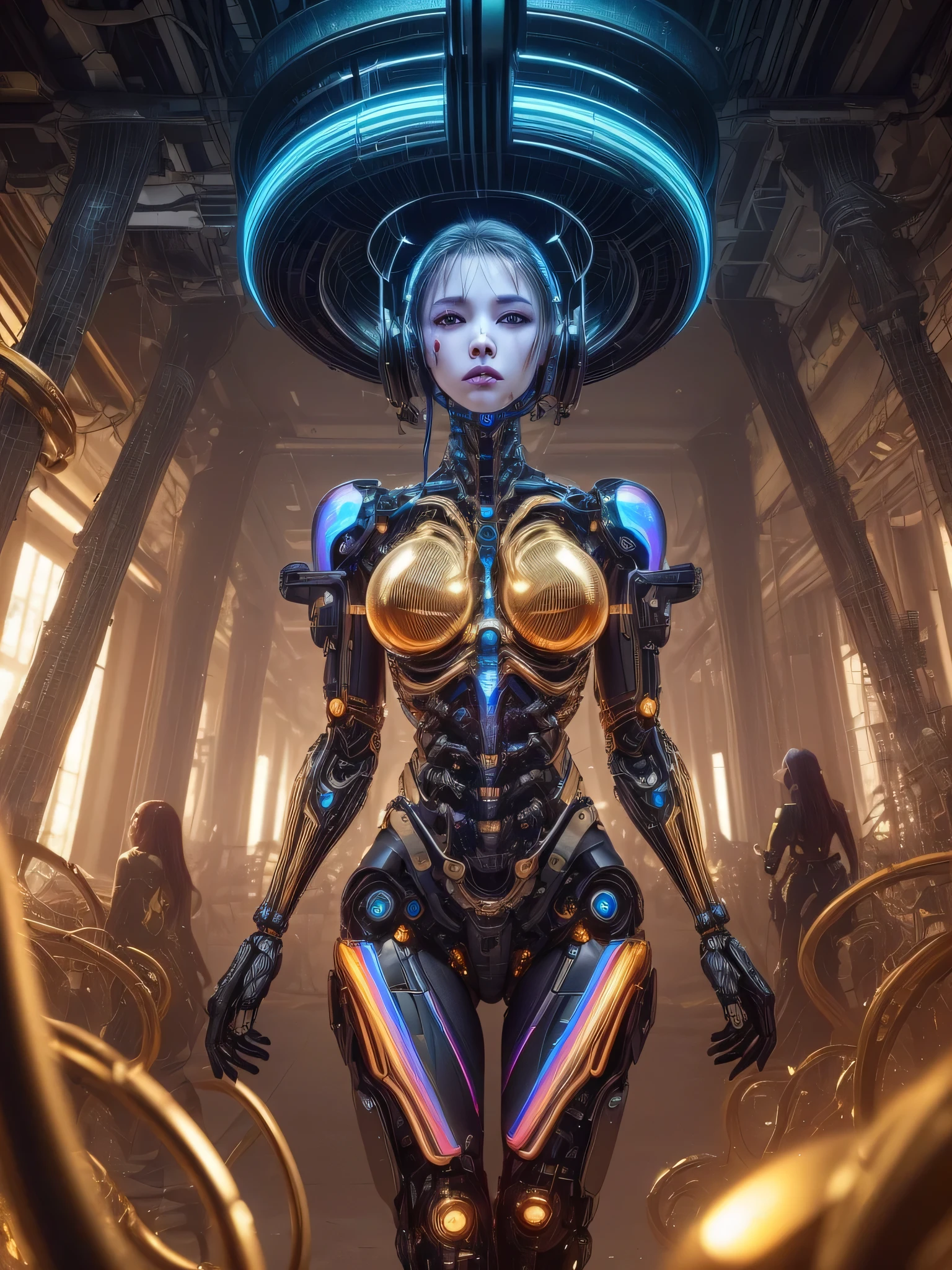 (3girls:1.3), (human face:1.2), Highly Detailed Beautiful girl, (extremely detailed beautiful face), Amazing face and eyes, (Highest Quality: 1.4), (Super Detailed), (Very Delicate and Beautiful), golden body, Biomechanical Cyborg, Beautiful Natural Shapes, Arteries, Veins , lace, colorful details, diamond earrings, very delicate embroidery, intricate details, skeleton, ultra-transparent skin, surreal, Super detailed, cyborg girl, realistic, (detailed golden, hollow body interior, made of golden metal, half human, translucent human body, Skin made of layers of extremely complex metal fibers, The inside of the body is an incredibly complex structure made up of countless IC chips: 1.6), iridescent, futuristic, super complex, super beautiful, highly detailed CG unified 8K wallpaper, high resolution raw color photo, professional photo, flesh and blood, (cyber punk, Spiral structure, future urban cyberspace, iridescent illumination, dazzling light:1.5),