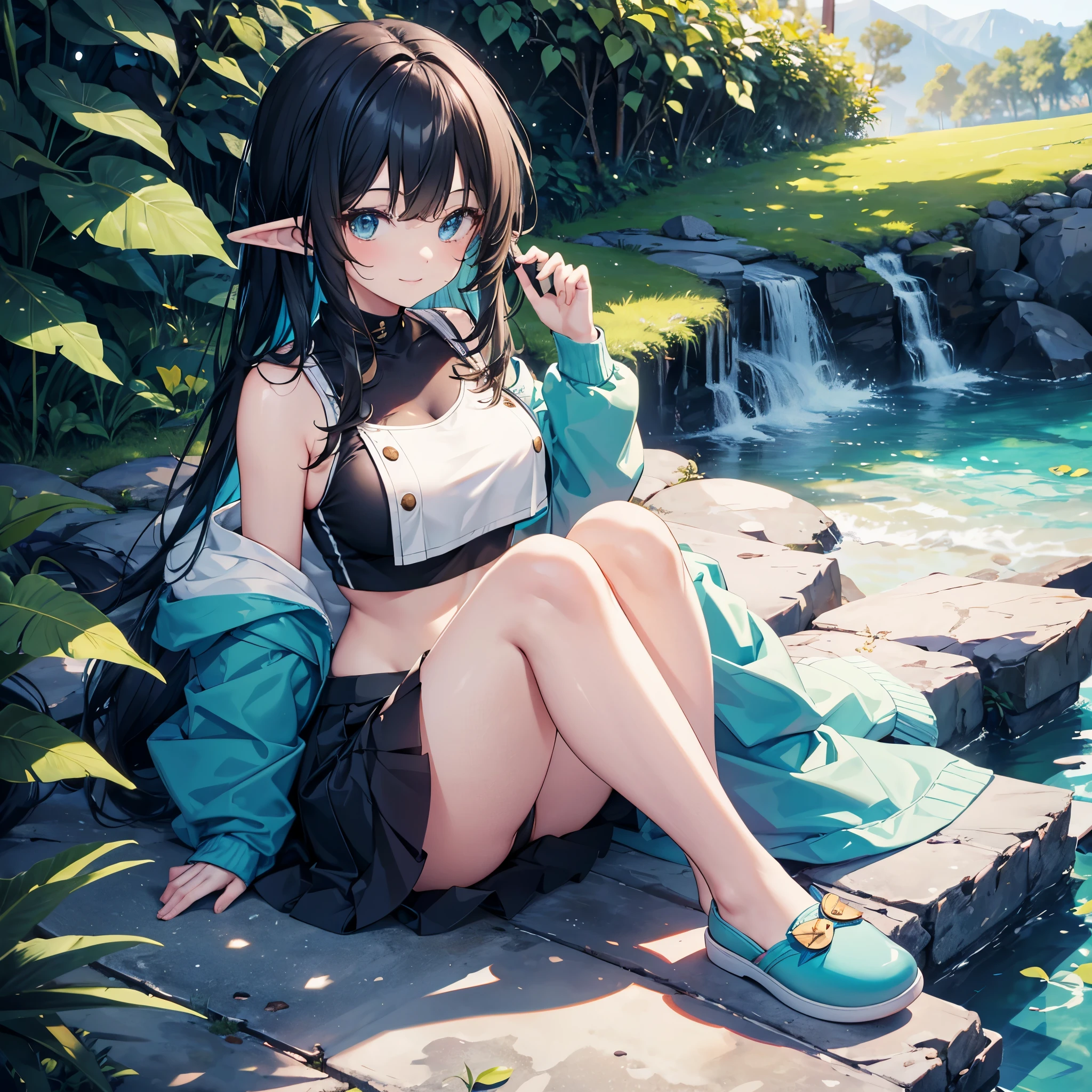 Detail image, realistic image, 1 elf. . She has turquoise eyes with and black hair, has a delicate oval face, medium breasts and a curvy body, thick thighs. She is wearing a crop top, tight pleated mini skirt, moccasins slippers. smiling, sitting. Ambient light. Volumetric Light