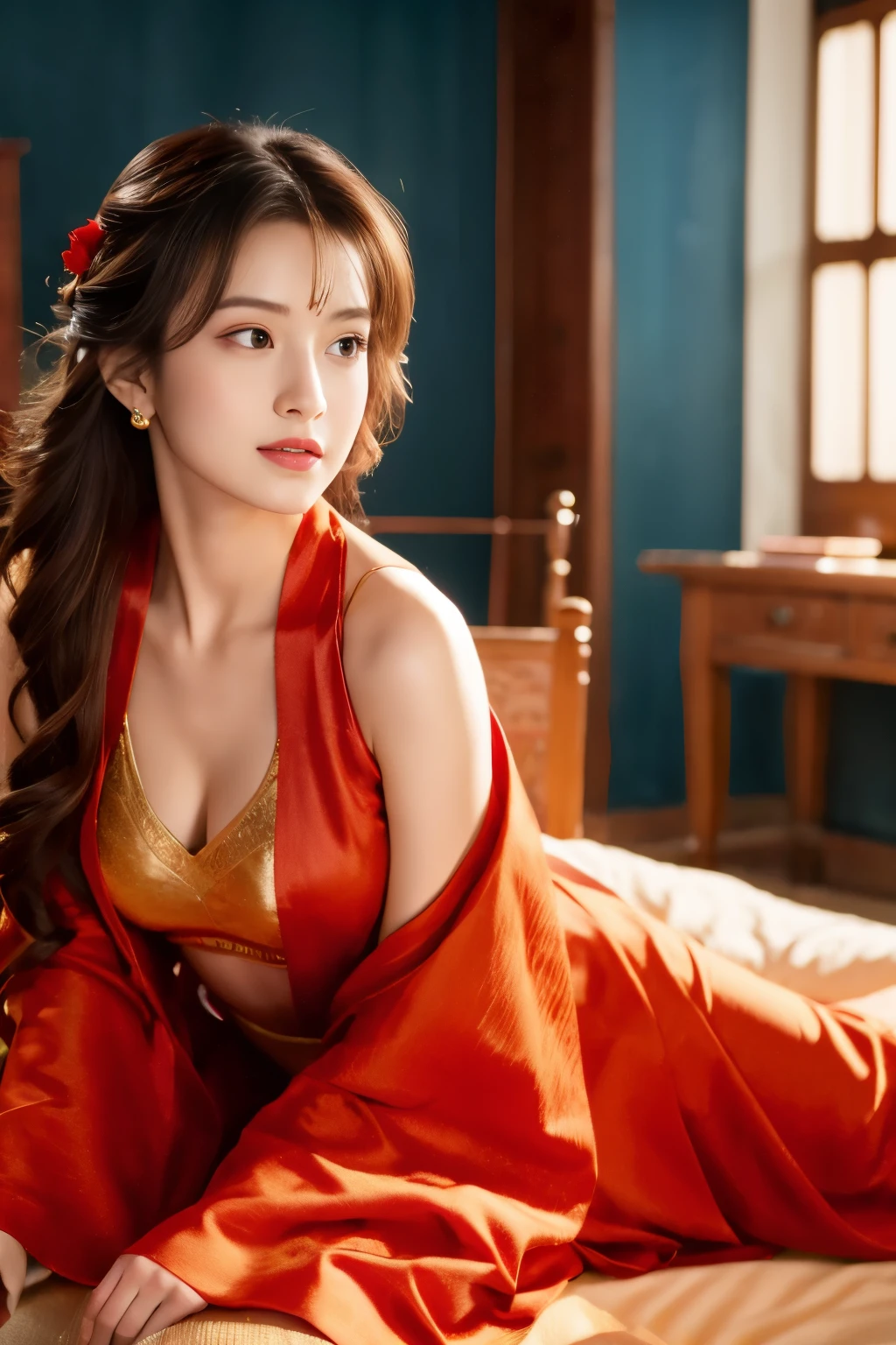 RAW photos,best quality),(lifelike,照片lifelike:1.3),best quality,Highly detailed,masterpiece,Super detailed,illustration,1 girl,upper_body,dynamic angle,World Mastery Theatre,messy_long_hair,best quality,Extremely detailed CG unified 8k wallpaper,amazing,light,lens_flare,dunhuang_style,real person,Hanfu