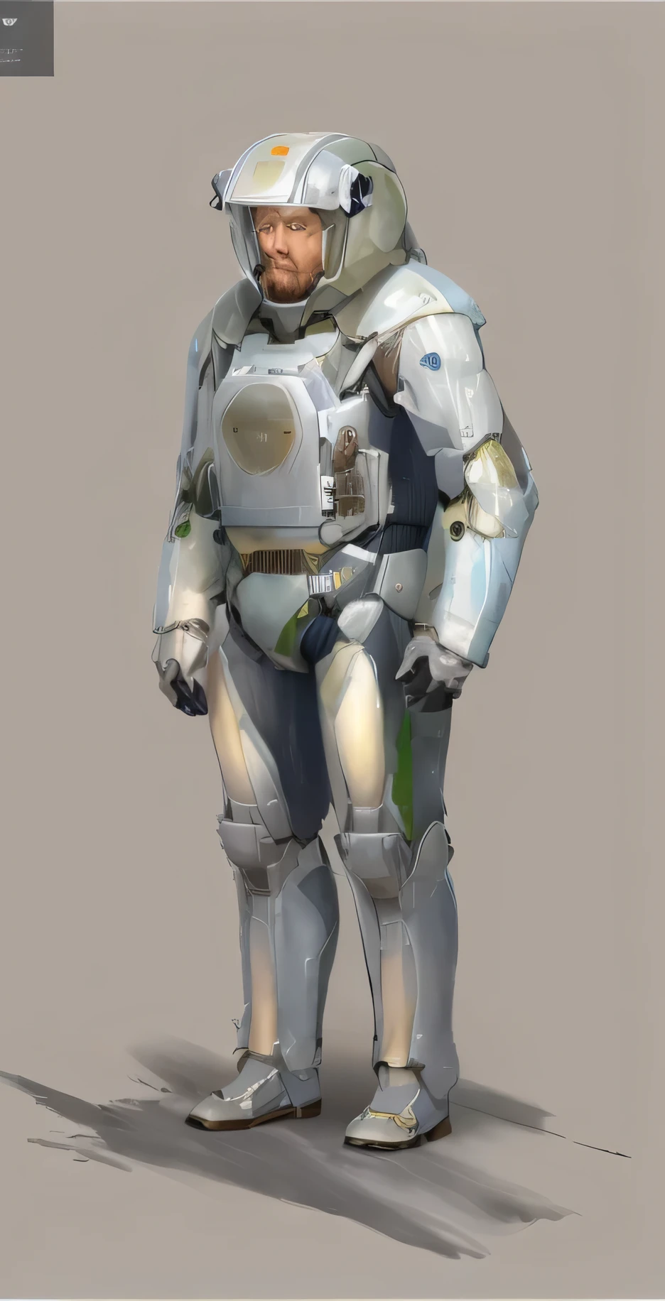 A drawing of a man in a spacesuit standing with hands on hips, Metal gear solid concept art, Mecha suit, full body Mecha suit, Mecha suit, Krieger Machinery Company, ( ( character concept art ) ), Mecha body, battle garment, my man, Wearing a power armor suit, Metal Gear Machinery, mecha plate armor，katsuhiro otomo style，light paint，White background