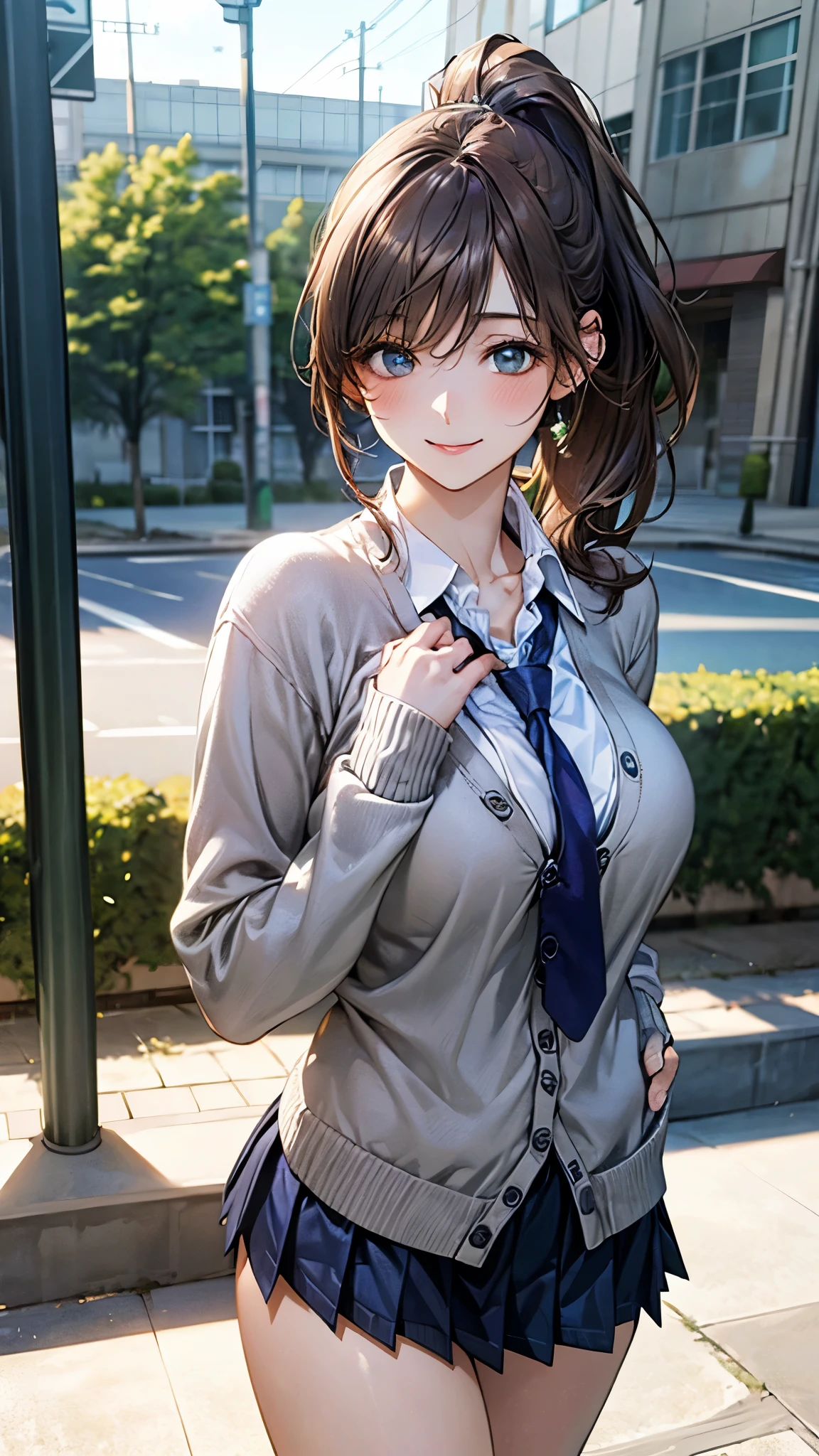 (masterpiece:1.2, top-quality), (realistic, photorealistic:1.4), beautiful illustration, (natural side lighting, movie lighting),
looking at viewer, cowboy shot, front view:0.6, 1 girl, japanese, high school girl, perfect face, cute and symmetrical face, shiny skin,
(long hair:1.4, high ponytail:1.7, light brown hair), hair between eye, emerald green eyes, long eye lasher, (large breasts:0.9, thick thighs),
beautiful hair, beautiful face, beautiful detailed eyes, beautiful clavicle, beautiful body, beautiful chest, beautiful thigh, beautiful legs, beautiful fingers,
((long sleeve white collared shirts, navy pleated miniskirt, navy tie, light grey cardigan)), pink panties,
(beautiful scenery), evening, riverside, walking, hands on chest, (lovely smile, upper eyes),