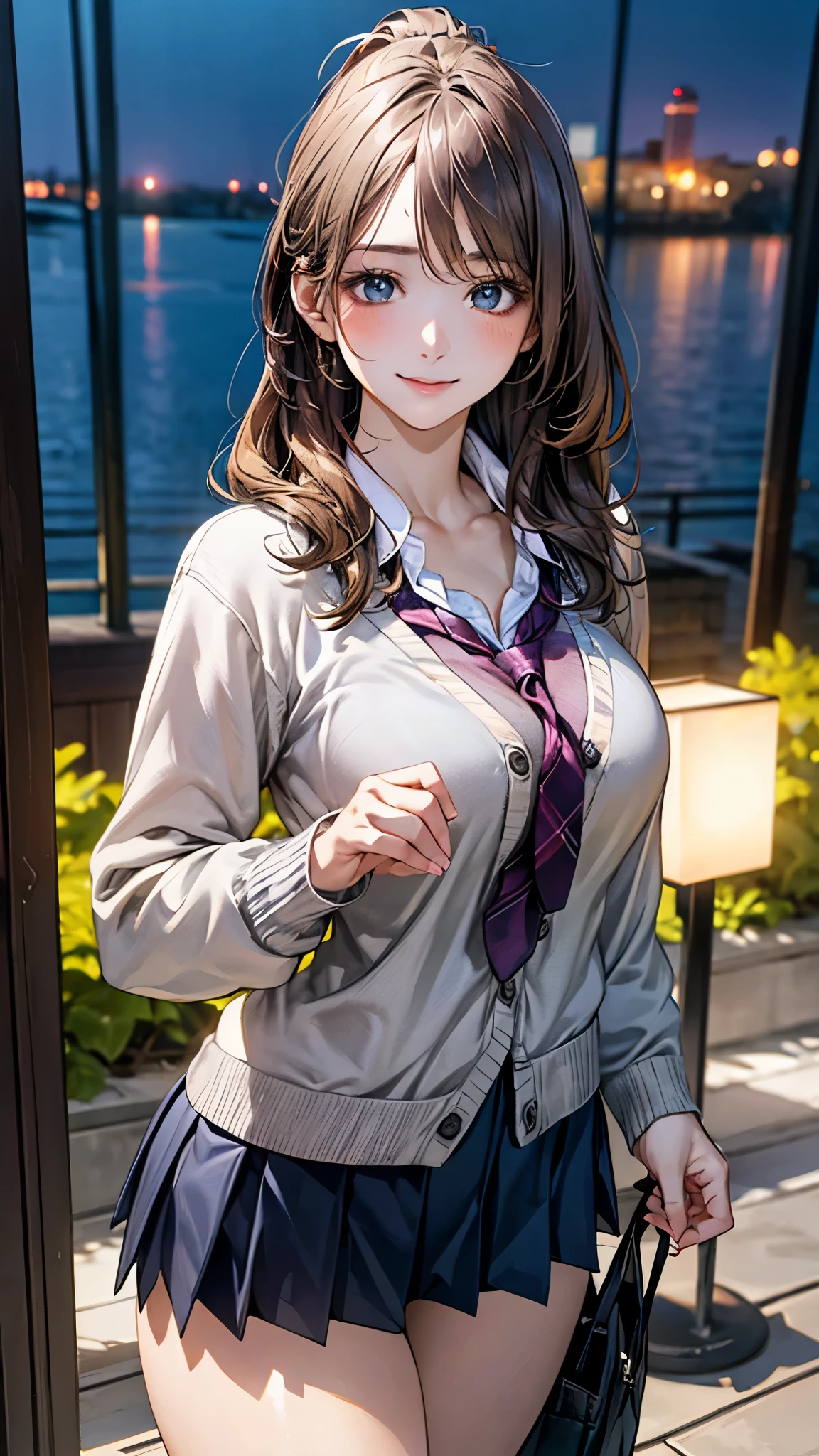 (masterpiece:1.2, top-quality), (realistic, photorealistic:1.4), beautiful illustration, (natural side lighting, movie lighting), 
looking at viewer, cowboy shot, front view:0.6, 1 girl, japanese, high school girl, perfect face, cute and symmetrical face, shiny skin, 
(long hair:1.4, high ponytail:1.7, light brown hair), hair between eye, emerald green eyes, long eye lasher, (large breasts:0.9, thick thighs), 
beautiful hair, beautiful face, beautiful detailed eyes, beautiful clavicle, beautiful body, beautiful chest, beautiful thigh, beautiful legs, beautiful fingers, 
((long sleeve white collared shirts, navy pleated miniskirt, navy tie, light grey cardigan)), pink panties, 
(beautiful scenery), evening, riverside, walking, hands on chest, (lovely smile, upper eyes), 