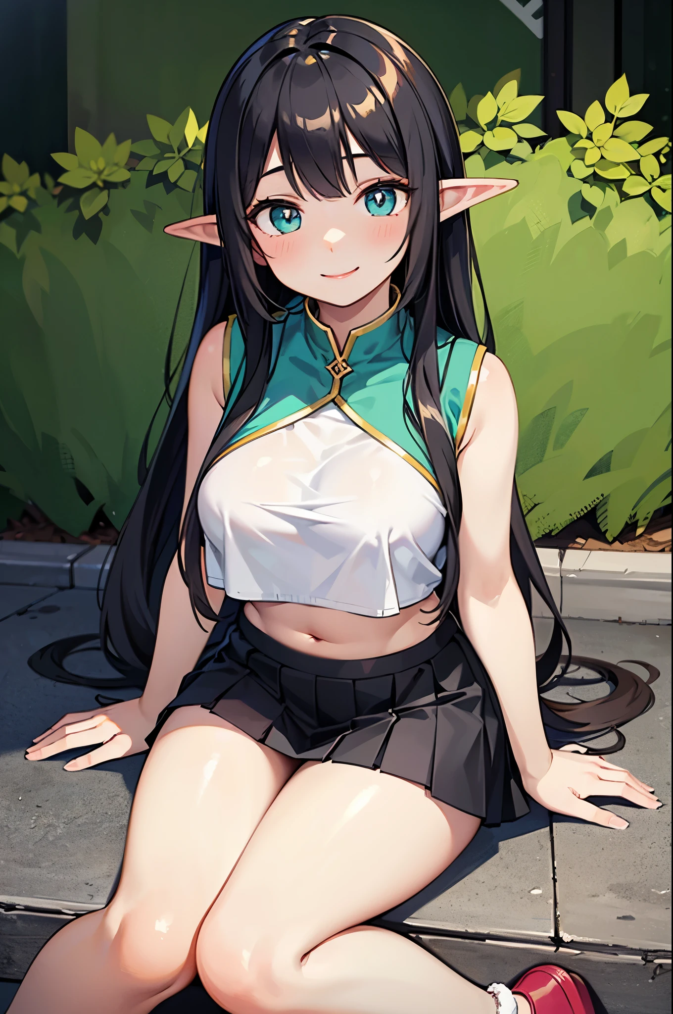 Detail image, realistic image, 1 elf. . She has turquoise eyes with and black hair, has a delicate oval face, medium breasts and a curvy body, thick thighs. She is wearing a crop top, tight pleated mini skirt, moccasins slippers. smiling, sitting. Ambient light. Volumetric Light