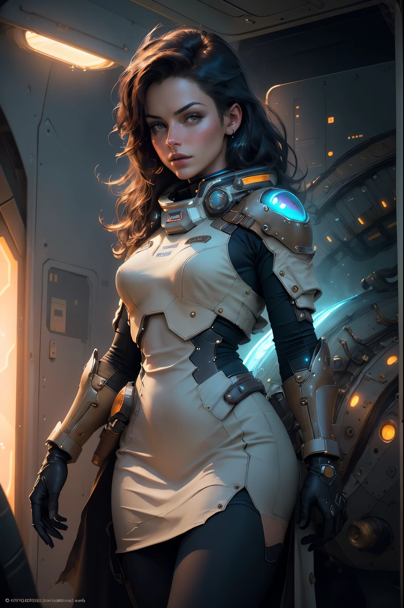 caolho,(Armadura feminina humana)Aeronave de traje de combate espacial naval ,Capacete de vidro simples,,(space backdrop,Dynamic Stance,waving at the camera:1.5), com linhas limpas,compacto,Slim geral,Conforma-se com a curva de uma pessoa,cor profunda,There are biological ribs,There are glowing veins on the surface. um futurista,Ondas de vapor a jato,Huge Cosmic Environment,EVA on the back is a mixture of shells, Tecnologia, and electronics. Dramatic, best quality, real, super detalhado, 8k, Intricate elegance, genial, um detalhado, Design por Greg Rutkowski e Alphonse Mucha, gradient lighting,