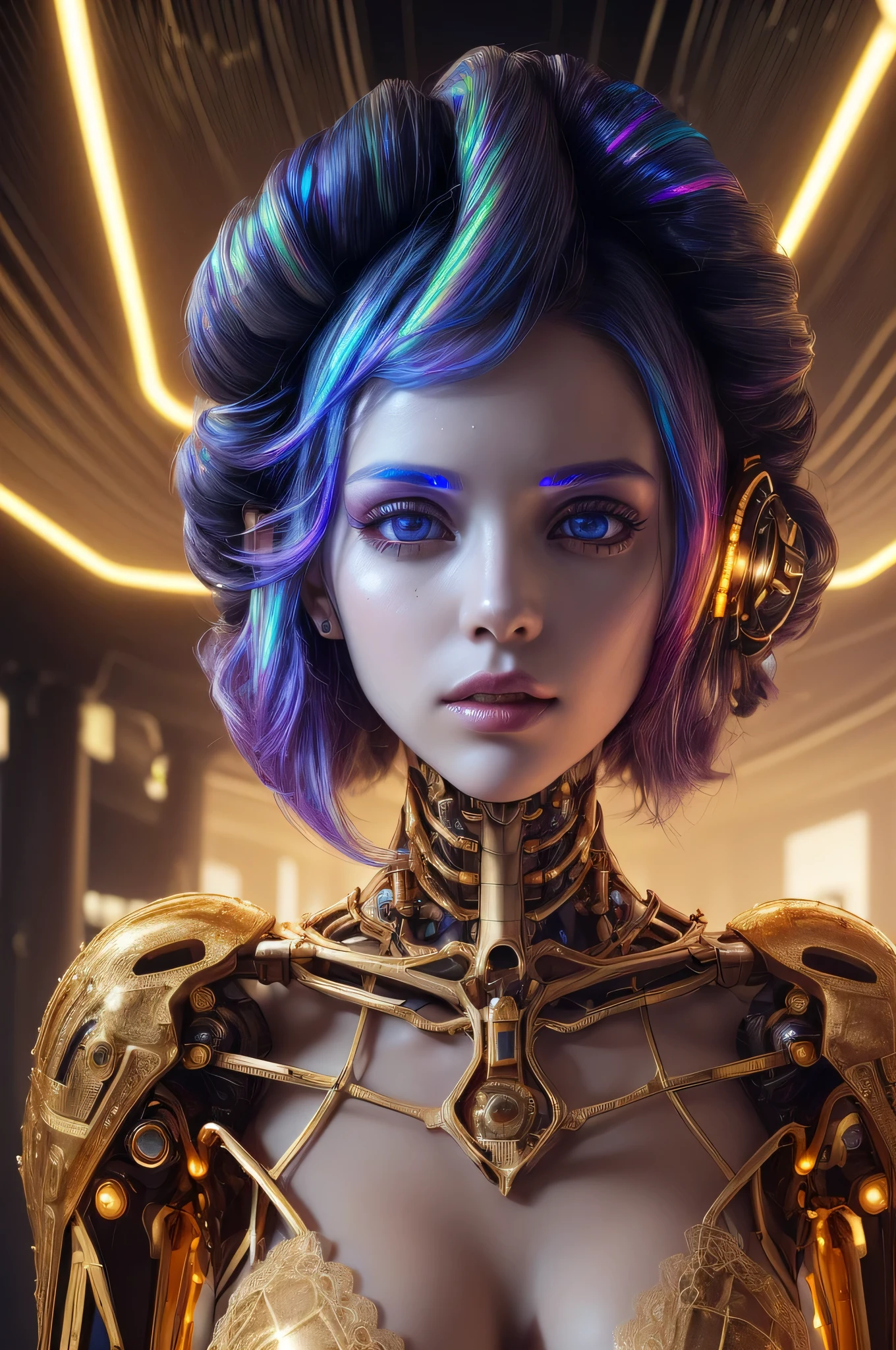 (3girls:1.3), (human face:1.2), Highly Detailed Beautiful girl, (extremely detailed beautiful face), Amazing face and eyes, (Highest Quality: 1.4), (Super Detailed), (Very Delicate and Beautiful), golden body, Biomechanical Cyborg, Beautiful Natural Shapes, Arteries, Veins , lace, colorful details, diamond earrings, very delicate embroidery, intricate details, skeleton, ultra-transparent skin, surreal, Super detailed, cyborg girl, realistic, (detailed golden, hollow body interior, made of golden metal, half human, translucent human body, Skin made of layers of extremely complex metal fibers, The inside of the body is an incredibly complex structure made up of countless IC chips: 1.6), iridescent, futuristic, super complex, super beautiful, highly detailed CG unified 8K wallpaper, high resolution raw color photo, professional photo, flesh and blood, (cyber punk, Spiral structure, future urban cyberspace, iridescent illumination, dazzling light:1.5),