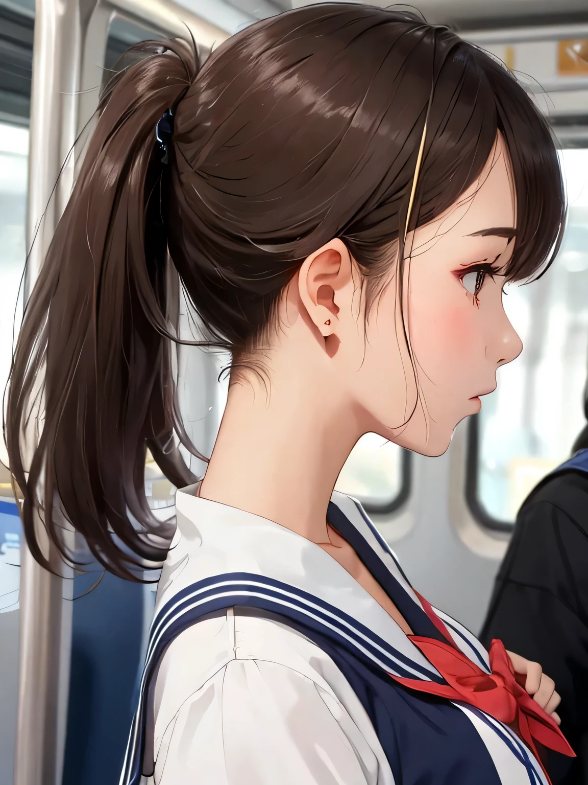 highest quality,High resolution, 8K, cute teen girl,Cute Ponytail,perfect skin,big breasts,sailor suit、A super close-up shot of the sexy nape from right behind、Close-up of the nape from directly behind、in a crowded train