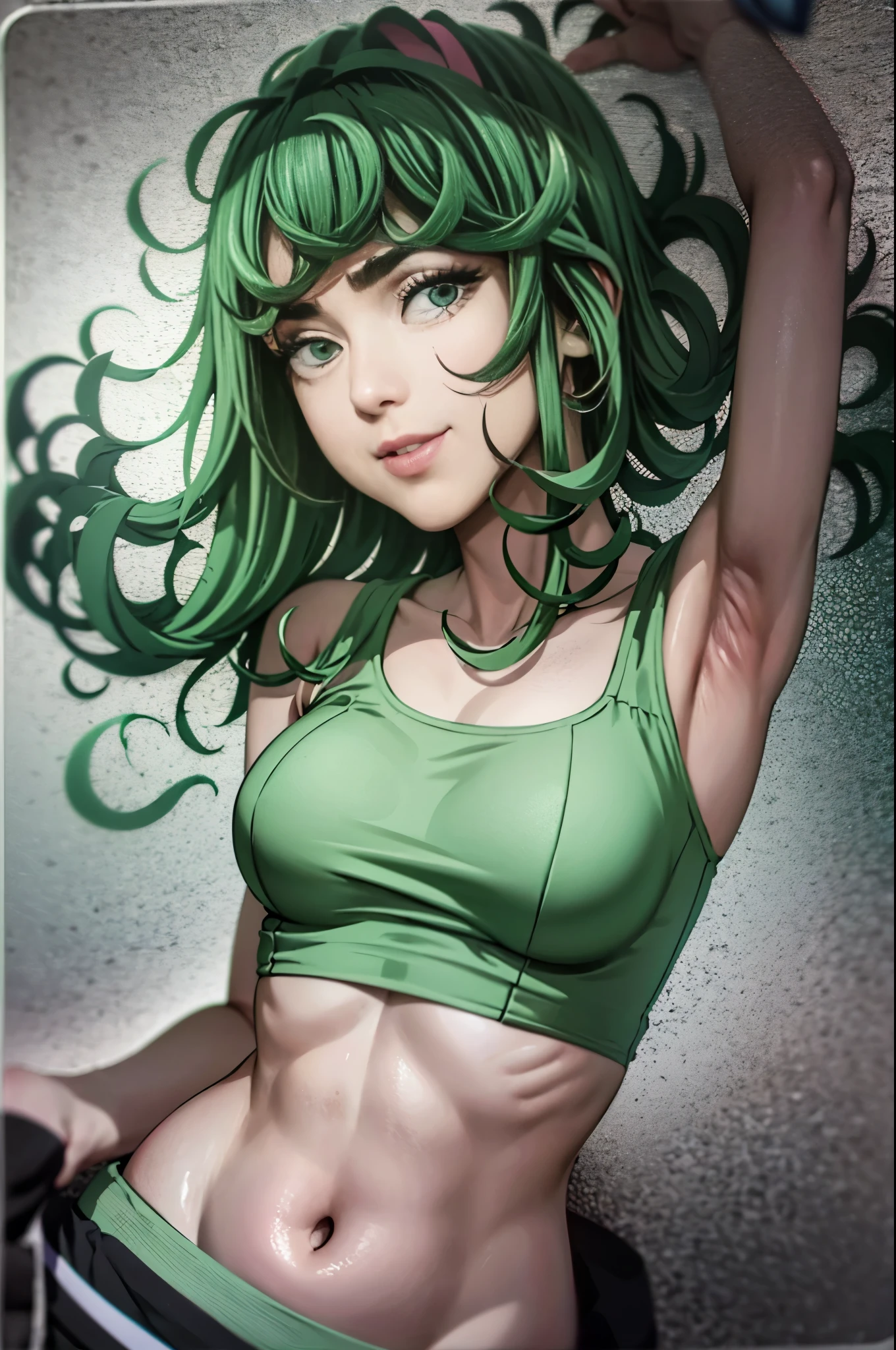 ,masterpiece, best quality, photorealistic, yujiasuit, yoga sports bra, yoga pants, 1girl, solo, , yoga ball, pants, looking at viewer, smile, green sports bra, simple background, , midriff, long hair, breasts, green pants, sportswear, tank top, upper body,gren hair,green eyes