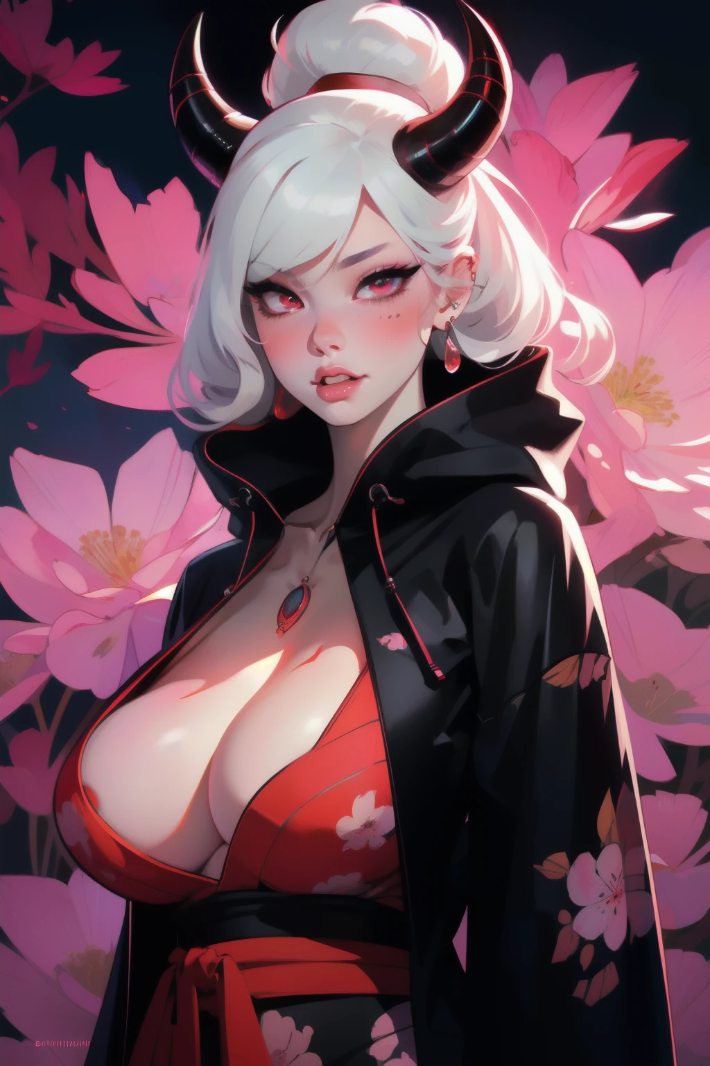 PERFECT MASTERPIECE, EXTREMELY DETAILED CG UNITY 8K UHD QUALITY RESOLUTION, RAW PHOTO, PHOTOREALISTIC, PERFECT PHOTOGENIC CLARITY, OFFICIAL ART, AWARD-WINNING PORTRAIT, OFFICIAL ART, (0ill1k3:1.3) The most beautiful and sexy vampire goddess, oni horns, very long platinum white hair, vibrant red eyes, long detailed eyelashes, blushing, full pouting pink lips, curvy body type, full hips, super huge enormously gigantic tits, cleavage showing, gigantic tits bursting out of her kimono, tons of tattoos and piercings, wearing the most beautiful and highly detailed Harajuku-inspired hooded kimono, arching her back in a sexy seductive slutty pose, looking at the viewer, full body portrait, close up pov camera view from below, sexy seductive slutty facial expression, cherry blossoms blowing in the wind, aesthetic atmospheric dreamlike blood splattered background 