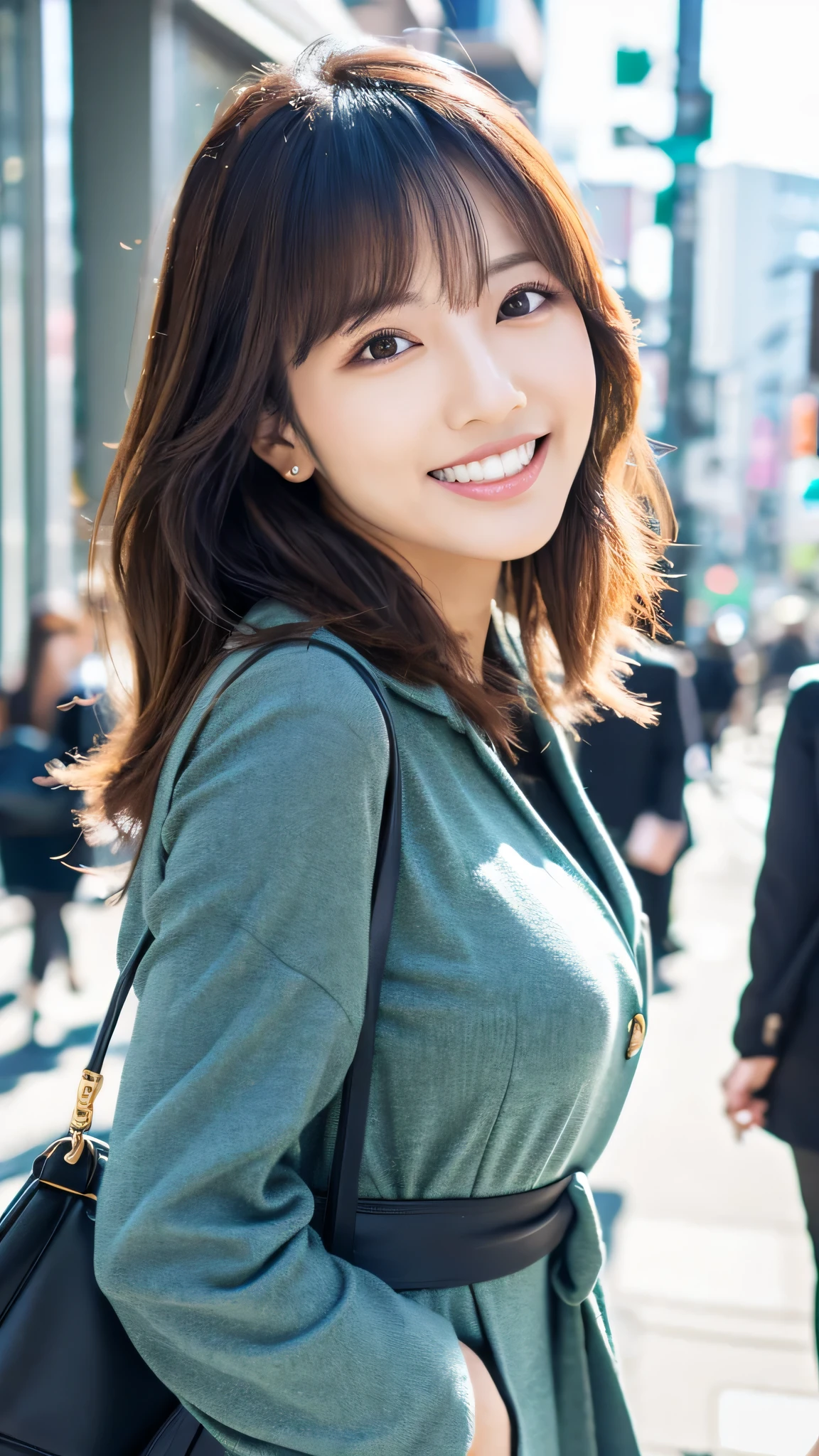 highest resolution, 4K, masterpiece: 1.3), japanese mature, sexy: 1.1, fine eyes, slender body shape, realistic teeth, double eyelid, whole body, highest quality, be familiar with, In the city, Feminine fashion