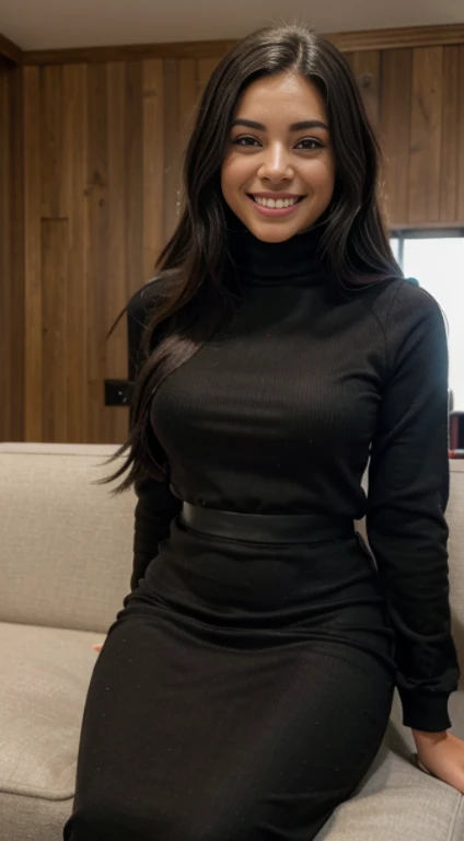 Mejor calidad, 8k, 32k, obra maestra ,pelo bob , Pelo Ondulado , 27 years , chaqueta de cuero negro,vestido largo de cuero negro con abertura ,sonriente,El color del cabello es rubio,Expresando todo el cuerpo.,interior,sitting on the couch,