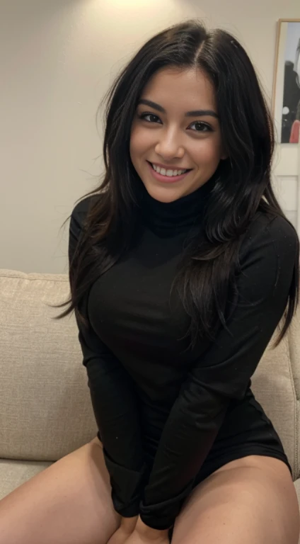 Mejor calidad, 8k, 32k, obra maestra ,pelo bob , Pelo Ondulado , 27 years , chaqueta de cuero negro,vestido largo de cuero negro con abertura ,sonriente,El color del cabello es rubio,Expresando todo el cuerpo.,interior,sitting on the couch,