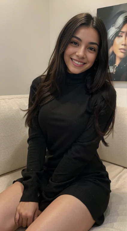 Mejor calidad, 8k, 32k, obra maestra ,pelo bob , Pelo Ondulado , 27 years , chaqueta de cuero negro,vestido largo de cuero negro con abertura ,sonriente,El color del cabello es rubio,Expresando todo el cuerpo.,interior,sitting on the couch,