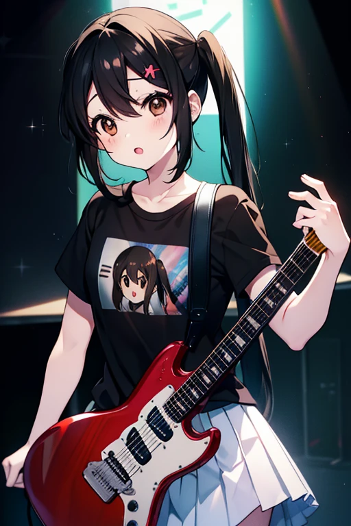 Azusa Nakano, nakano azusa, (black hair:1.5), (brown eyes:1.7), long hair, twin tail chest:1.2), black t-shirt,pleated skirt, break (table top:1.2), (masterpiece:1.2), highest quality, High resolution, unity 8k wallpaper, (figure:0.8), (beautiful and fine eyes:1.6), highly detailed face, perfect lighting, Very detailed CG, (perfect hands, perfect anatomy),Rock Band Concert, Musical instrument performance, Stage Performance, hot air,happy atmosphere、スタンドマイクの前でguitarをを弾きながら熱唱、guitar(mustang)、sweat on forehead、汗ばんだblack t-shirt、open your mouth and sing,