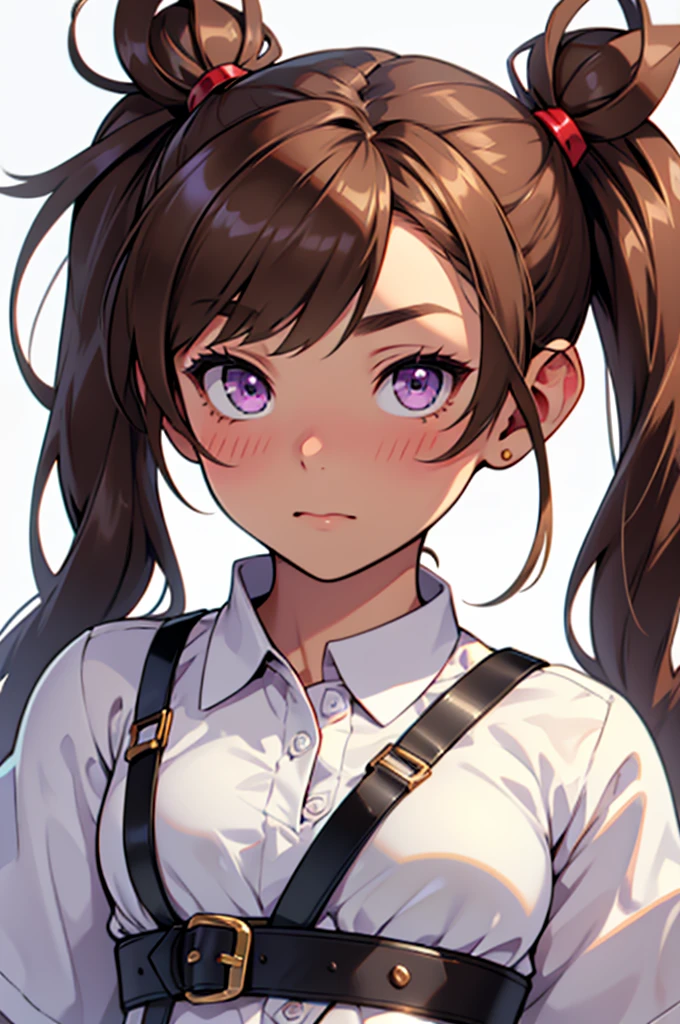 (1girl), masterpiece, best quality, super fine illustration, an extremely cute , highly detailed beautiful face, looking at viewer, 1girl, belt, closeup, looking at viewer, 4k, high res, ribbon, firis mistuld, blush, pov, twintail hair, white background, simple background, thick outline, purple eyes, (sleep), brown hair, chibi, love expression, ((brown hair)), (blood),