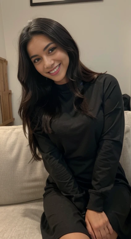 Mejor calidad, 8k, 32k, obra maestra ,pelo bob , Pelo Ondulado , 27 years , chaqueta de cuero negro,vestido largo de cuero negro con abertura ,sonriente,El color del cabello es rubio,Expresando todo el cuerpo.,interior,sitting on the couch,