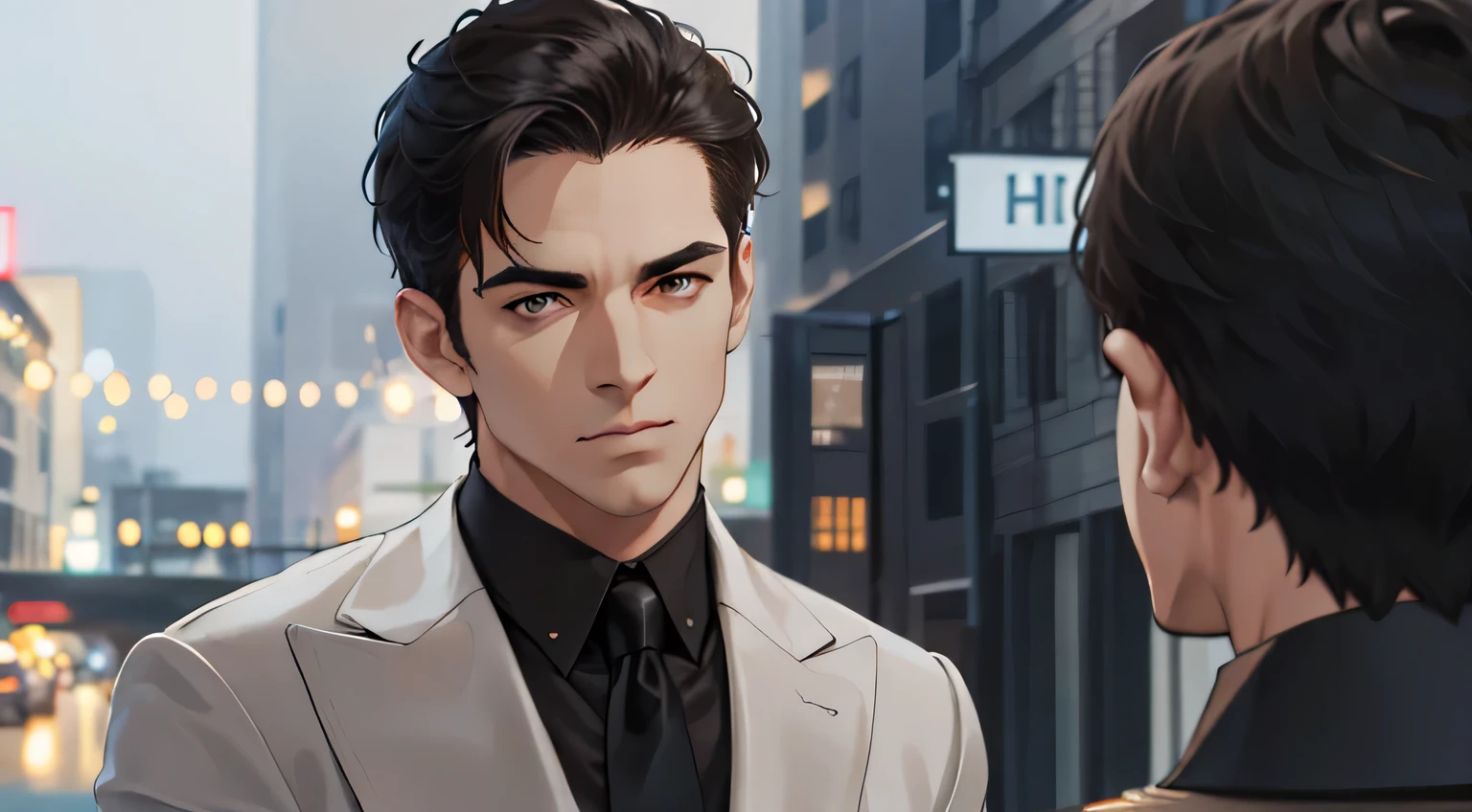 (ridiculous, high resolution, super detailed, actual, ), 1 male, alone, aldult, Mature, tall muscular man, broad shoulders, Handsome, very short hair, black hair, brown eyes, square peg, thick neck, thick eyebrows, night, dark, the night view of the city background, formal suit, tie, Upper body