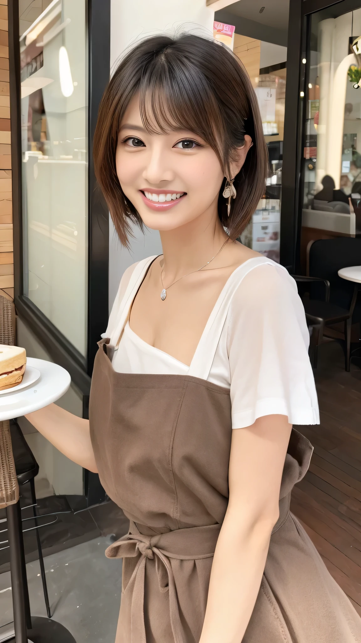 highest resolution, 4K, masterpiece: 1.3), japanese mature, sexy: 1.1, fine eyes, slender body shape, realistic teeth, double eyelid, whole body, highest quality, be familiar with, At the cafe, Feminine fashion