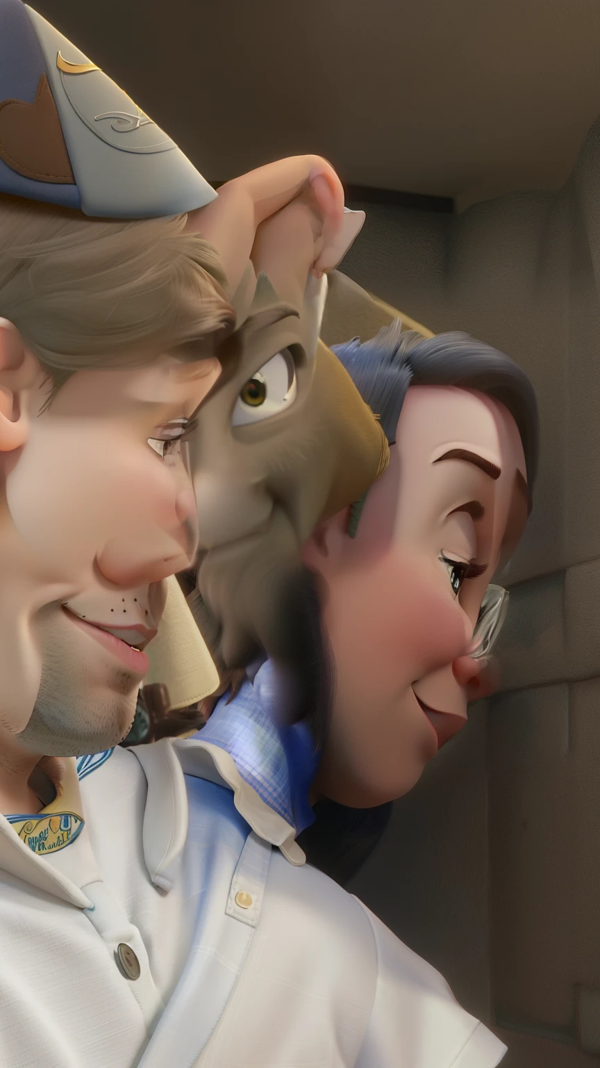 Casal (homem moreno e mulher branca) no estilo Disney Pixar, alta qualidade, melhor qualidade.