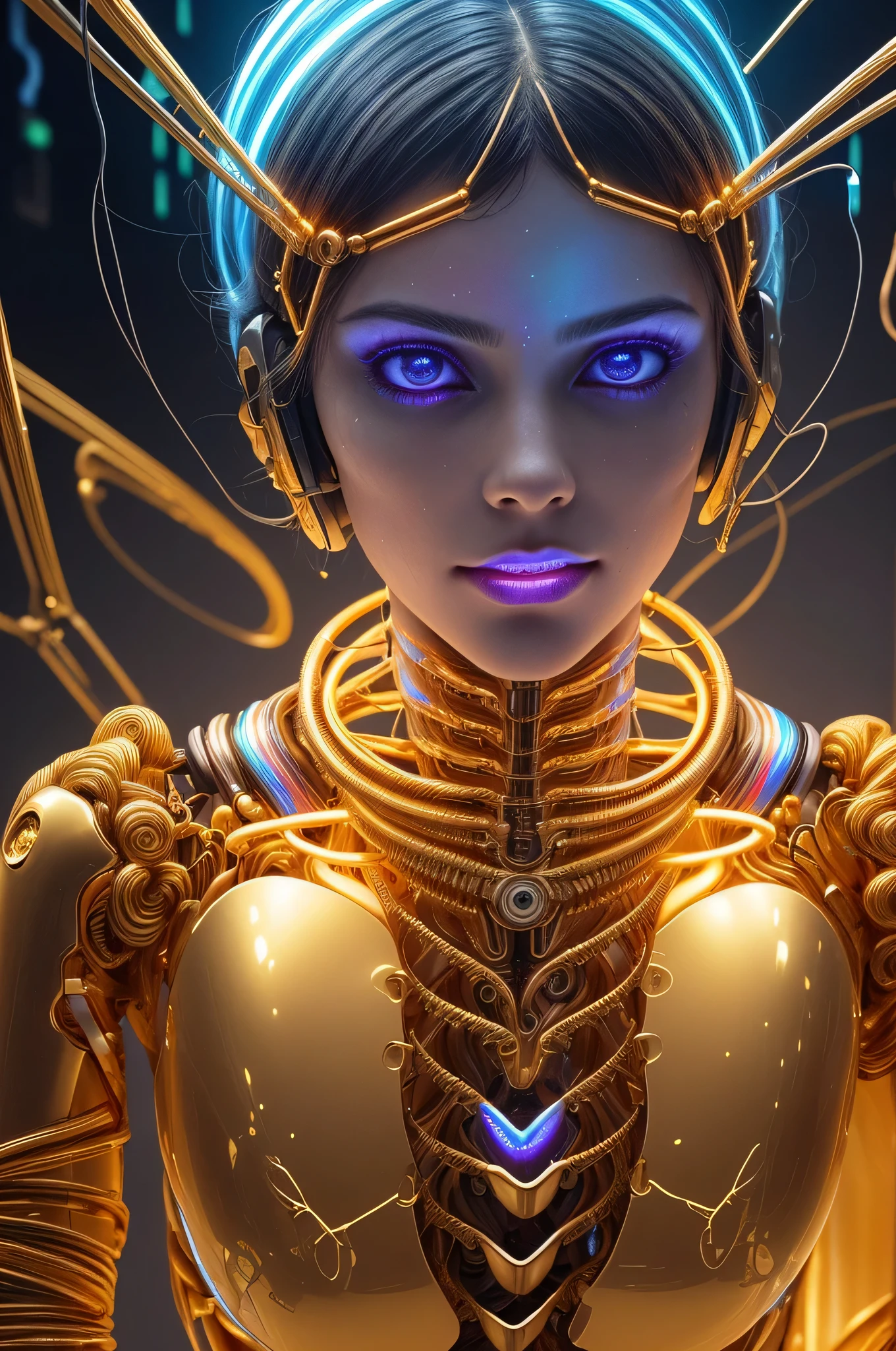 (1girl), (human face:1.2), Highly Detailed Beautiful girl, (extremely detailed beautiful face), Amazing face and eyes, (Highest Quality: 1.4), (Super Detailed), (Very Delicate and Beautiful), golden body, Biomechanical Cyborg, Beautiful Natural Shapes, Arteries, Veins , lace, colorful details, diamond earrings, very delicate embroidery, intricate details, skeleton, ultra-transparent skin, surreal, Super detailed, cyborg girl, realistic, (detailed golden, hollow body interior, made of golden metal, half human, translucent human body, Skin made of layers of extremely complex metal fibers, The inside of the body is an incredibly complex structure made up of countless IC chips: 1.6), iridescent, futuristic, super complex, super beautiful, highly detailed CG unified 8K wallpaper, high resolution raw color photo, professional photo, flesh and blood, (cyber punk, Spiral structure, future urban cyberspace, iridescent illumination, dazzling light:1.5),
