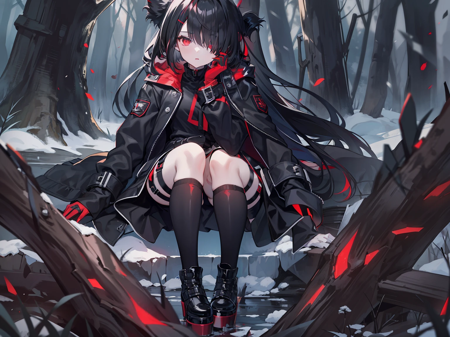 red color eyes, black color hair, Black platform boots, short detailed hair, black thigh socks, hair on one eye, black black jacket, Black thigh strap, black sash,nigth,black short skirt,ln the forest,at winter season