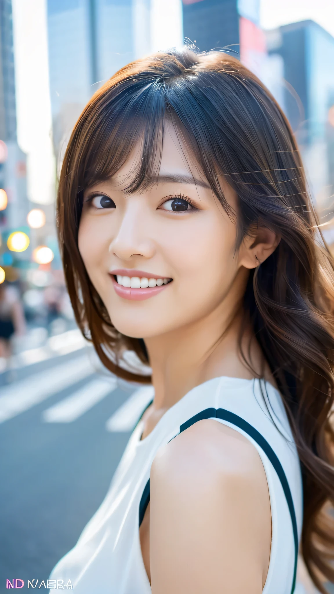 (8K, RAW Photos, Highest quality、masterpiece:1.2), (Realistic、Realistic:1.37), Japanese,like々Shii, Laughter, View your audience, Sun glare, Blurred Background, Particles of light, Strong winds,